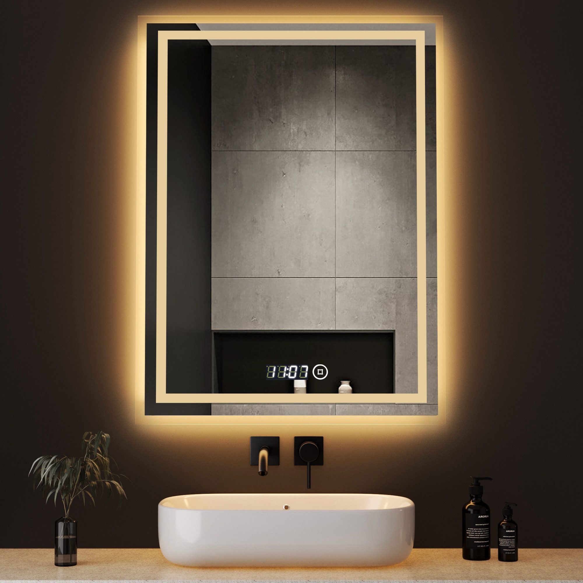 WDWRITTI Wandspiegel Badspiegel Led 50x70 mit Uhr 3Lichtfarben Helligkeit d günstig online kaufen