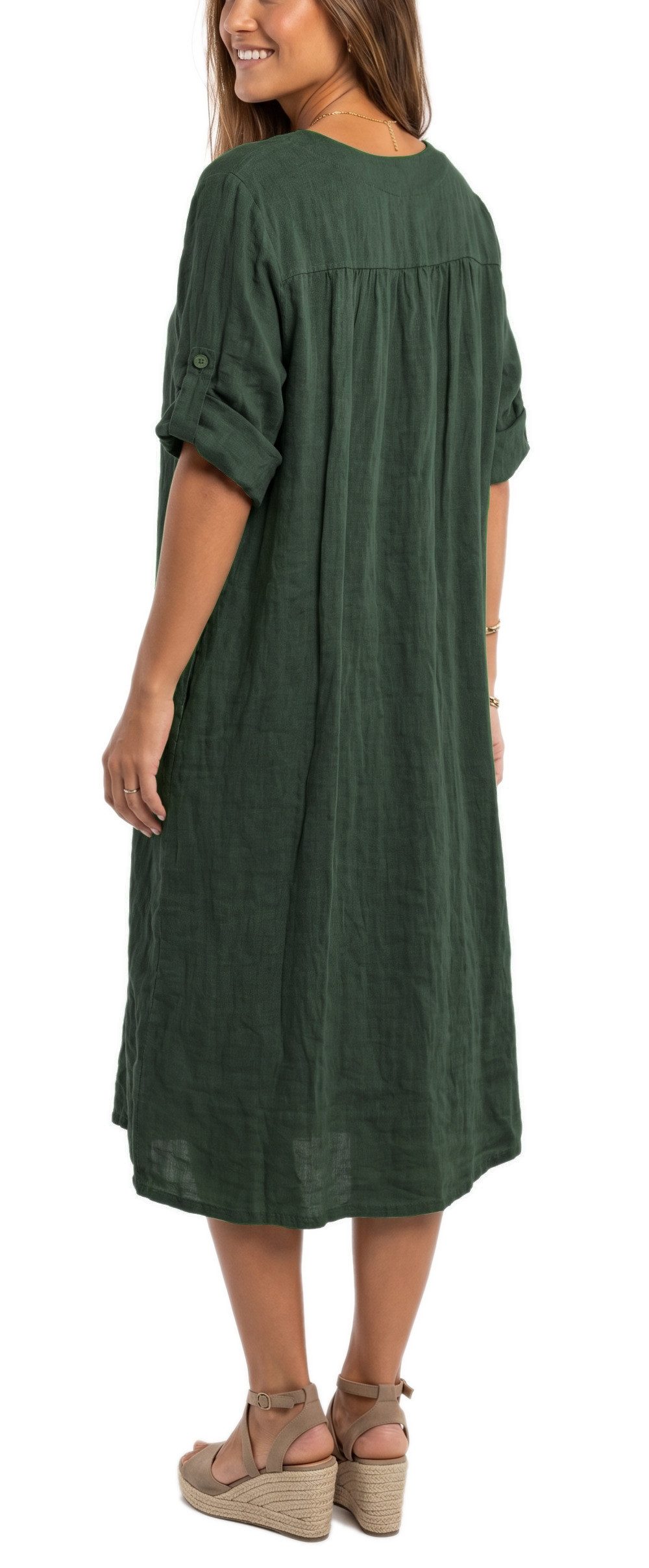 dy_mode Hemdblusenkleid Damen Leinenkleid Midi Hemdblusenkleid mit V-Ausschnitt Freizeitkleid in Unifarbe, V-Ausschnitt, mit seitlichen Eingriffstaschen