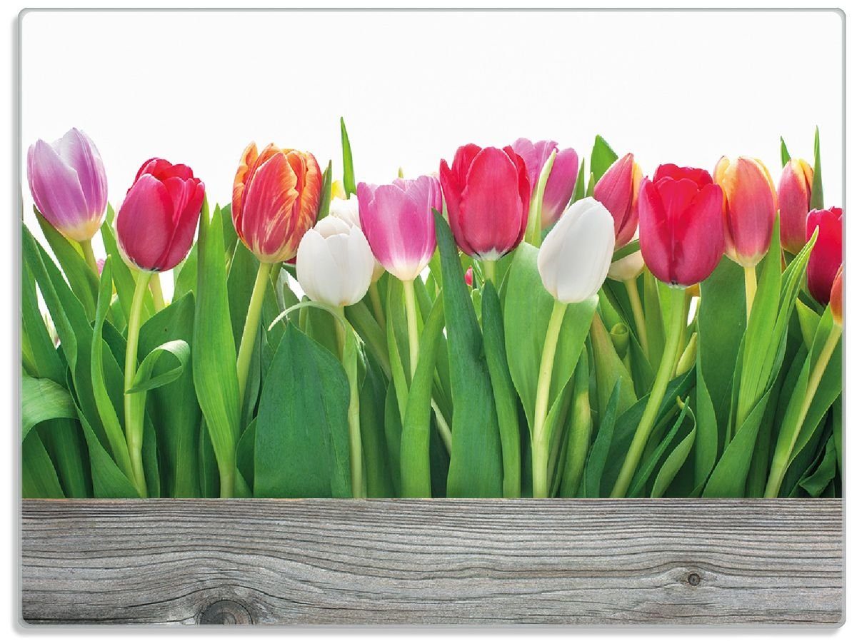 Wallario Schneidebrett Rote weiße und pinke Tulpen im Frühling, ESG-Sicherheitsglas, (inkl. rutschfester Gummifüße 4mm, 1-St), 30x40cm