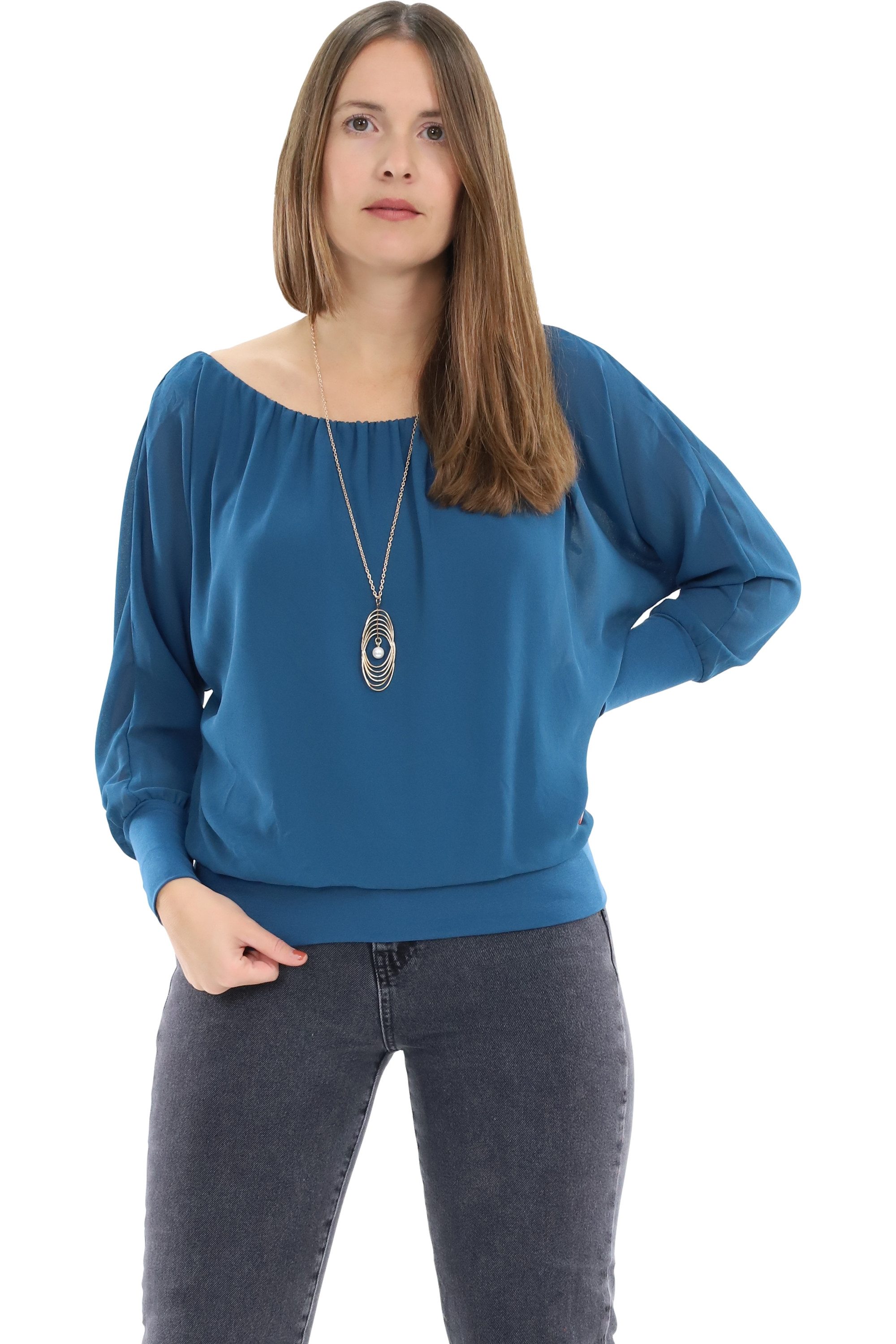 malito more than fashion Chiffonbluse malito Damen Bluse mit passender Kette, Tunika mit ¾ Armen, Blusensh Bluse mit Fledermausärmeln Einheitsgröße