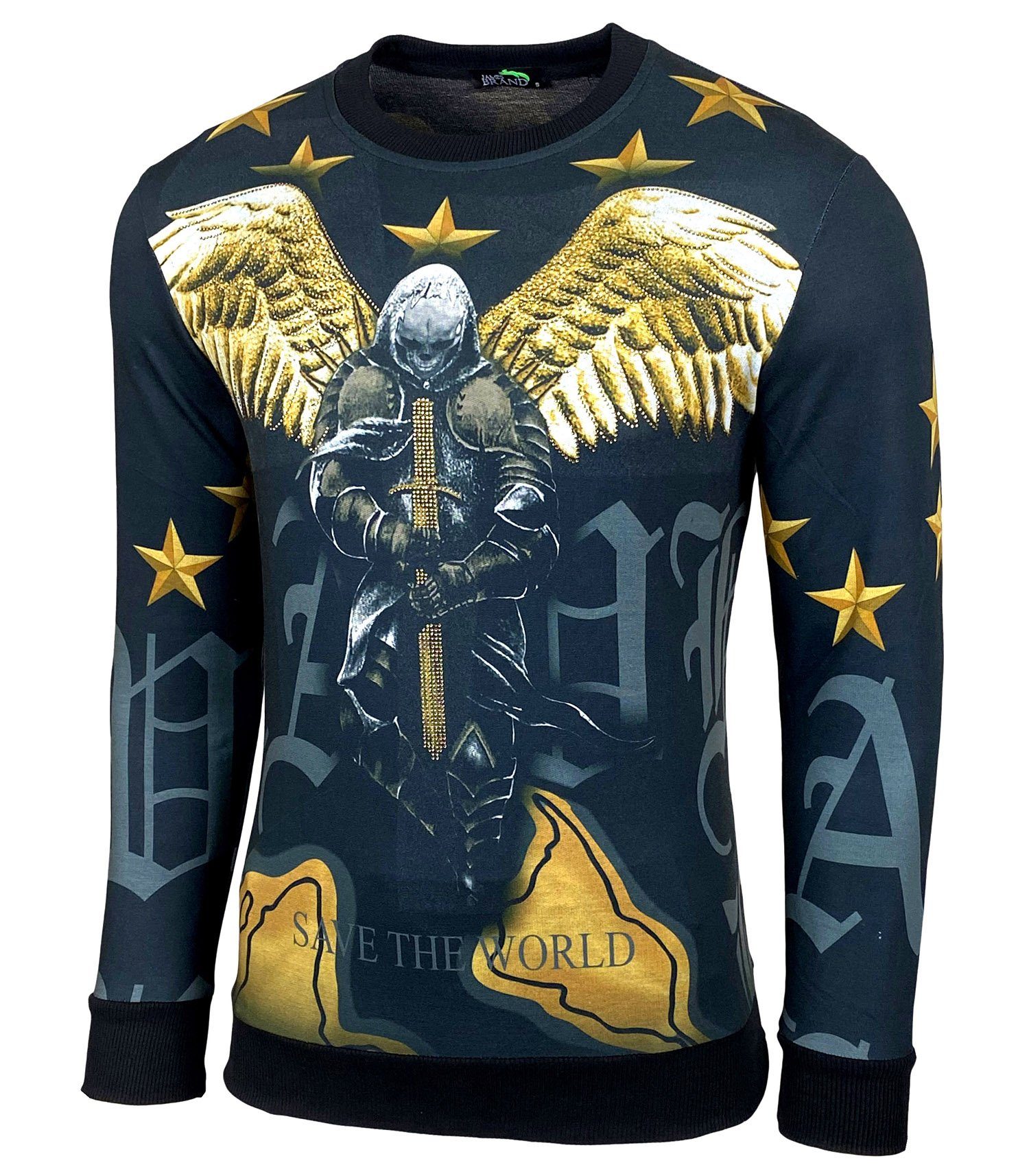 Longshirt Rundhalskragen Moderner Langarmshirt Totenkopf mit Ziersteinen JB