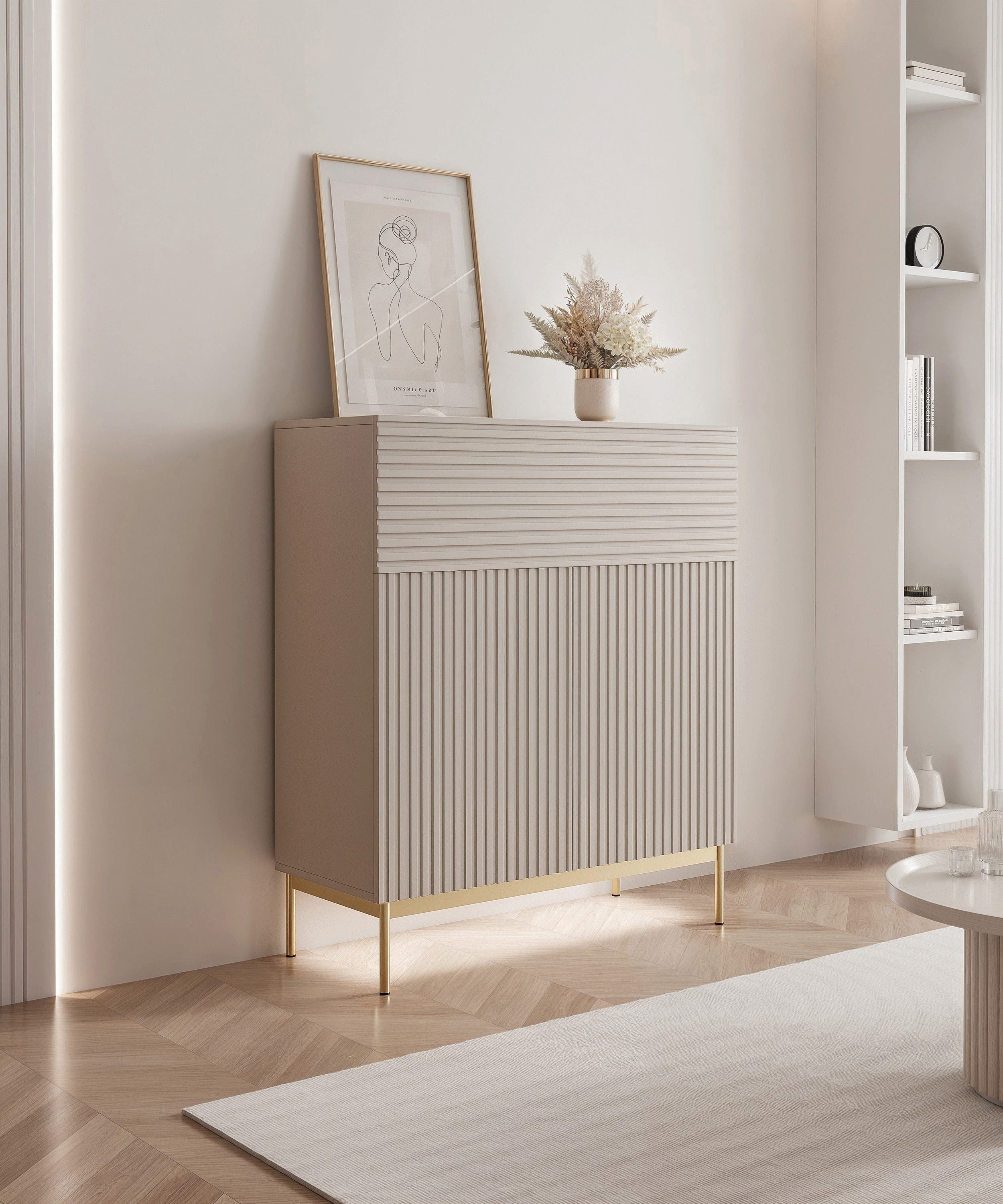 Selsey Highboard LINEARIS, Highboard in Kaschmirgrau mit LED und Rillenfront