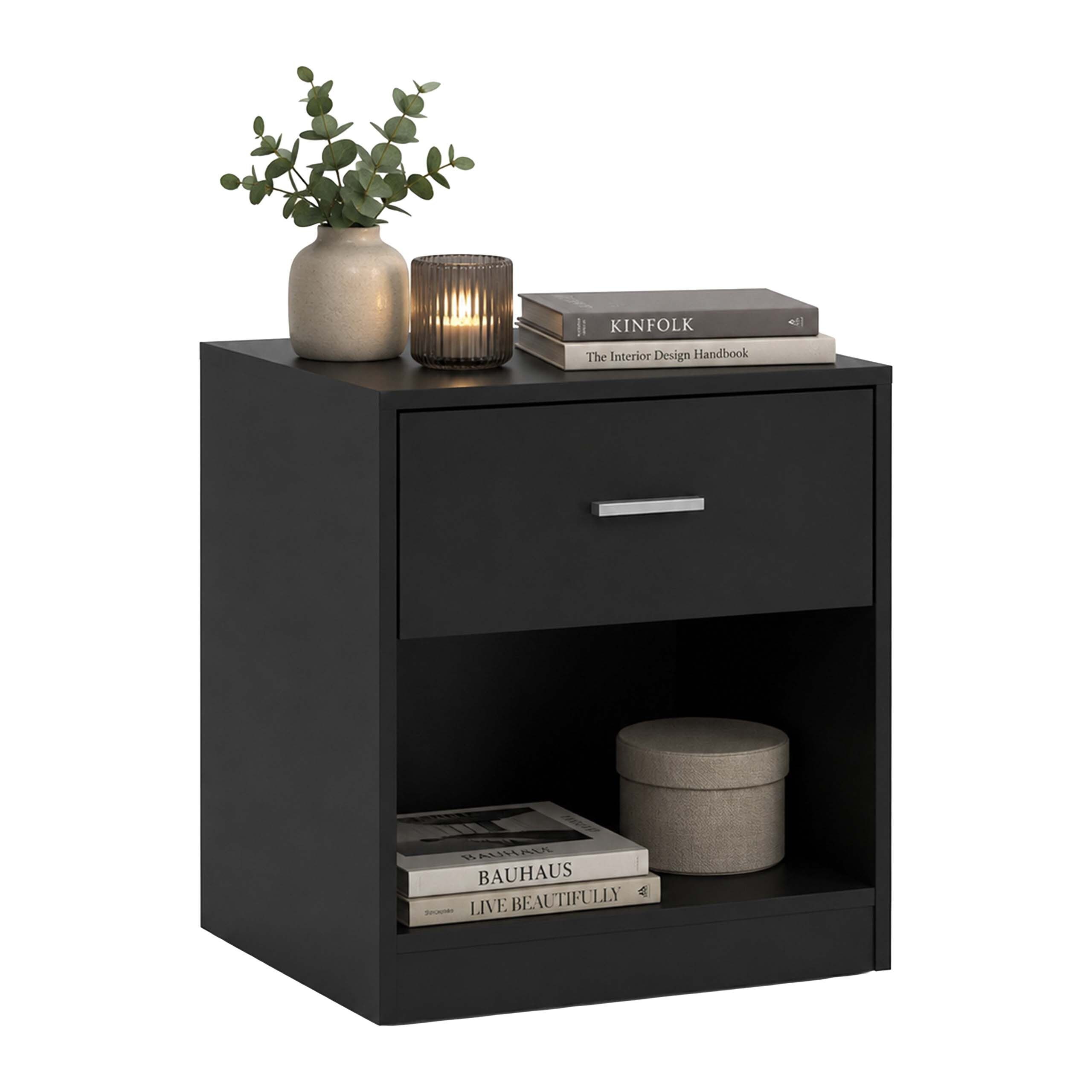 relaxdays Nachtschrank Nachttisch mit Schublade schwarz, 1er-Pack