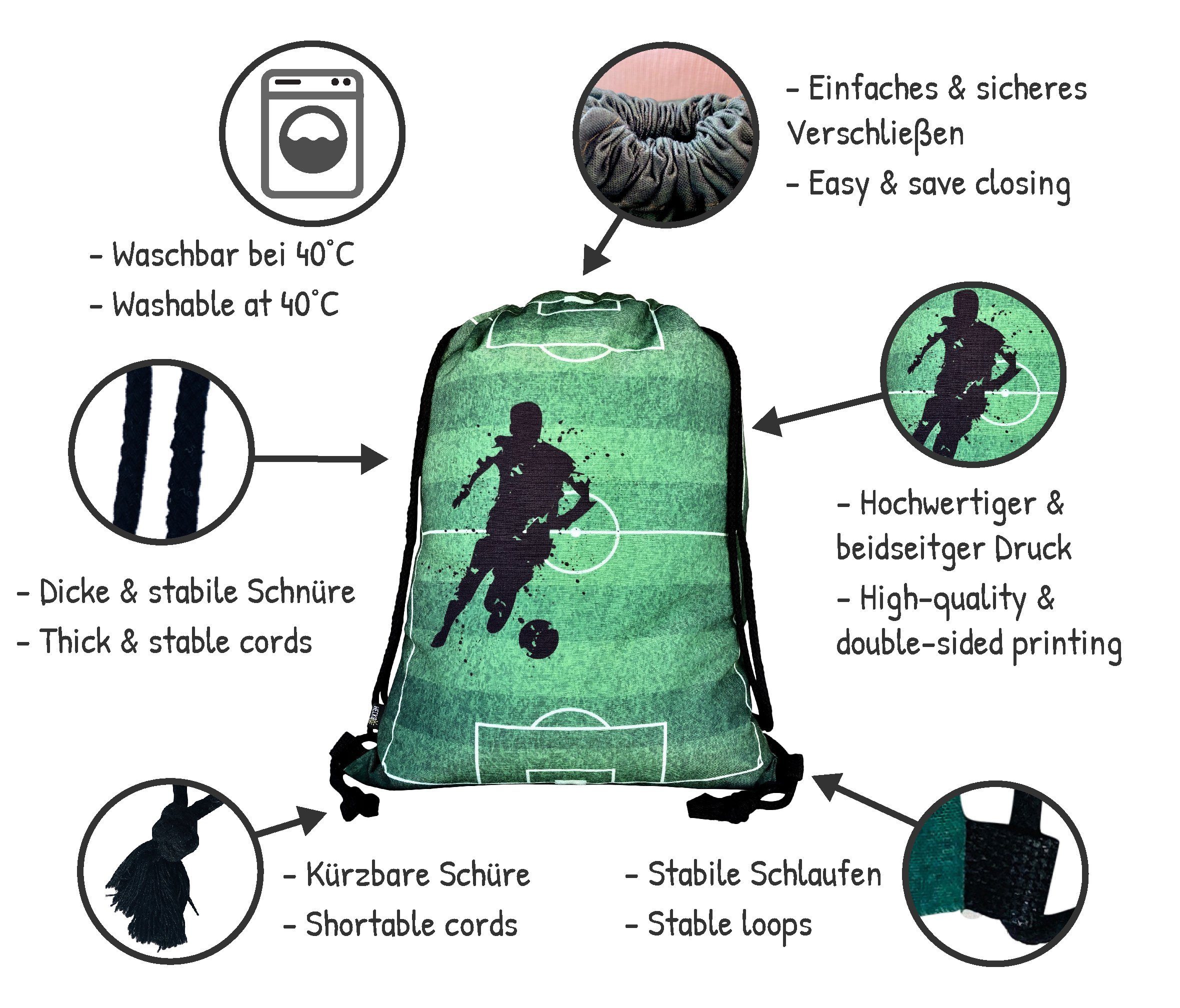 HECKBO Turnbeutel Kinder Jungen Mädchen Turnbeutel - Fussball Soccer Football Motiv - waschmaschinenfest - 40x32cm – für Kindergarten, Schule, Sport - Rucksack, Schuhbeutel, Tasche, Sporttasche, Fussballtasche