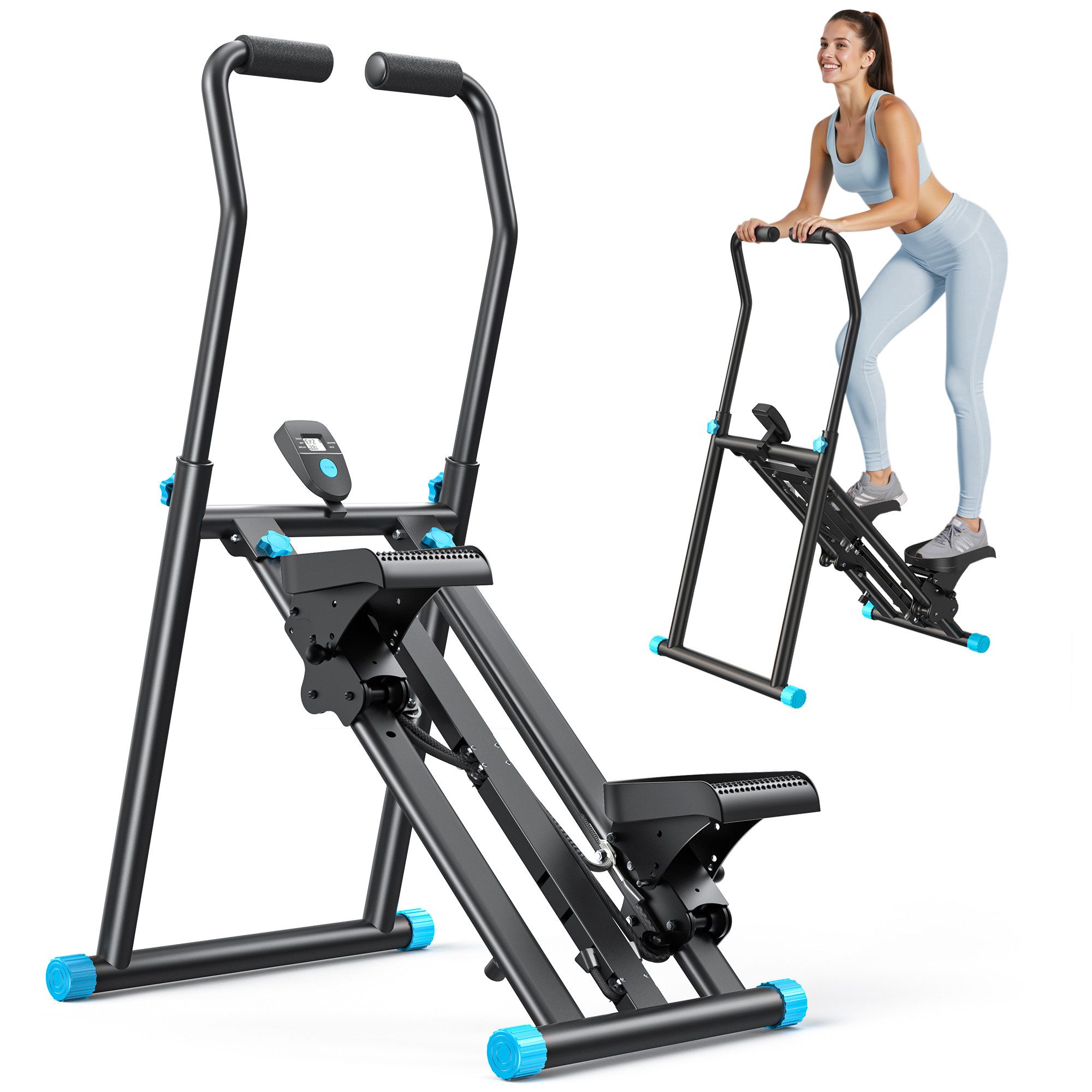 MERACH Stepper für Zuhause, leiser Klettertrainer für Ganzkörpertraining (Klappbarer Heimtrainer, 3 Höhenstufen, 3 Widerstandsstufen, 1-tlg., LCD-Display, 4 Schutzmatten, platzsparend, langlebiges Fitnessgerät), Anti-Rutsch-Pedale, einfache Montage, 150 kg Belastbarkeit
