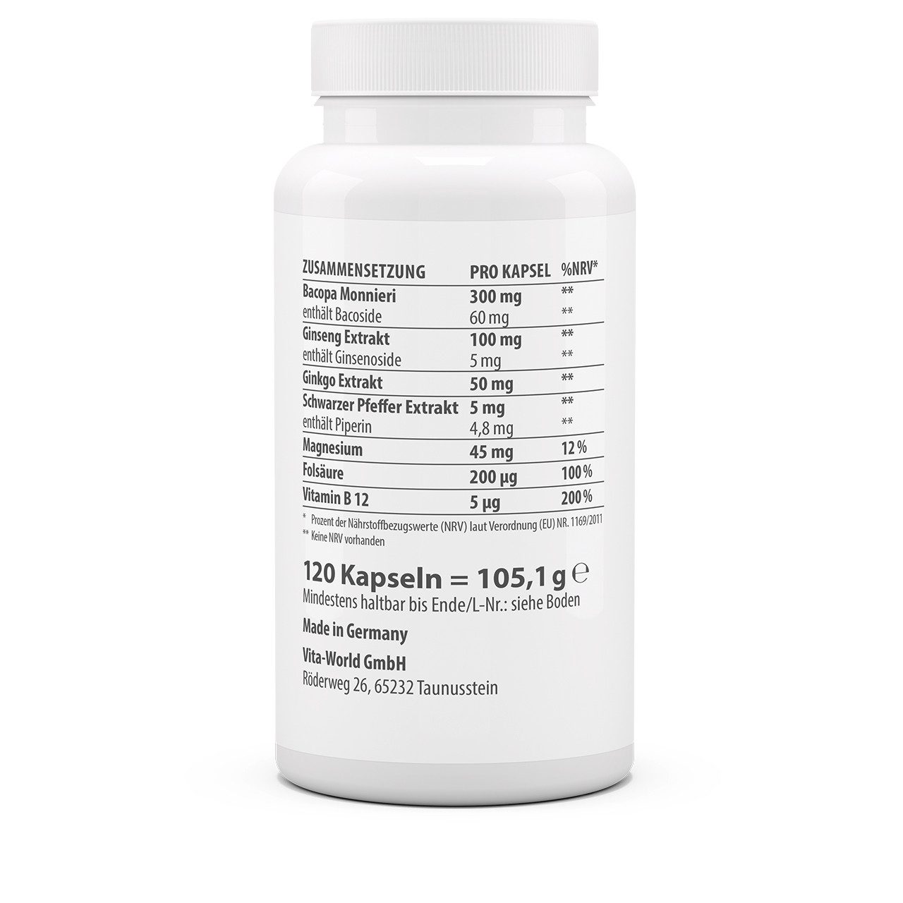 vitaworld Fokus Komplex - mit Bacopa, Ginseng + Ginkgo Kapseln, 120 St., 105.1 g