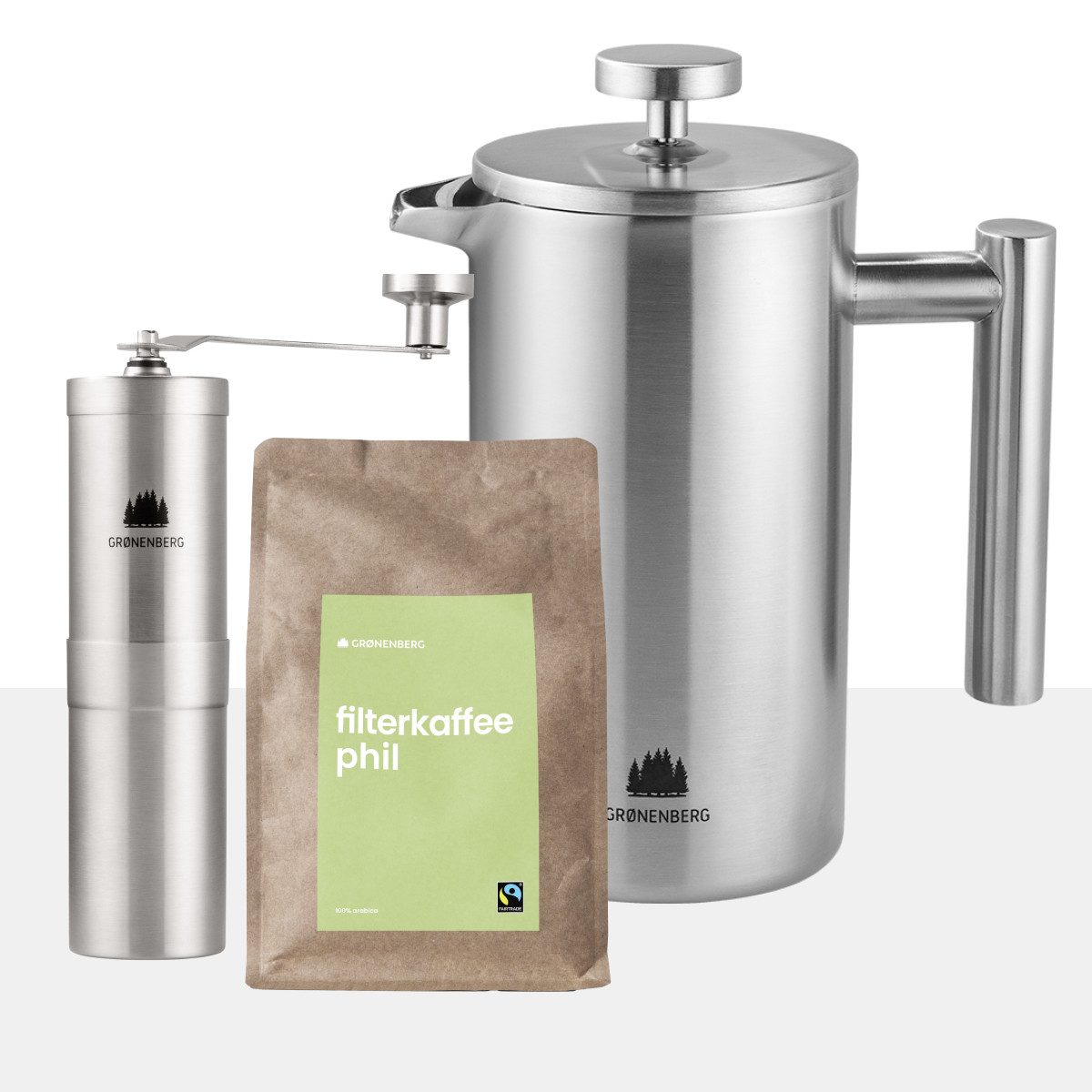 GRØNENBERG French Press Kanne Spar Set 3: Bio Kaffee 250g + Kaffeemühle + French Press (3 Größen), Mit Thermo Effekt & inkl. Ersatz Filter