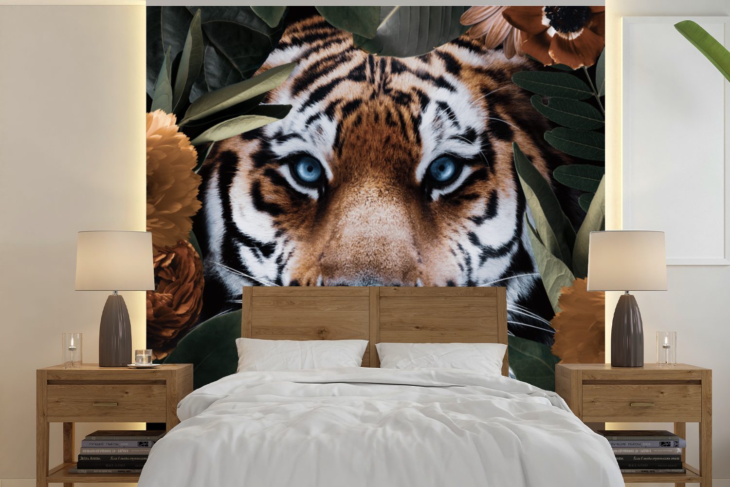 MuchoWow Fototapete Tiger - Blatt - Tiere, Matt, bedruckt, (5 St), Vinyl Tapete für Wohnzimmer oder Schlafzimmer, Wandtapete | Fototapeten