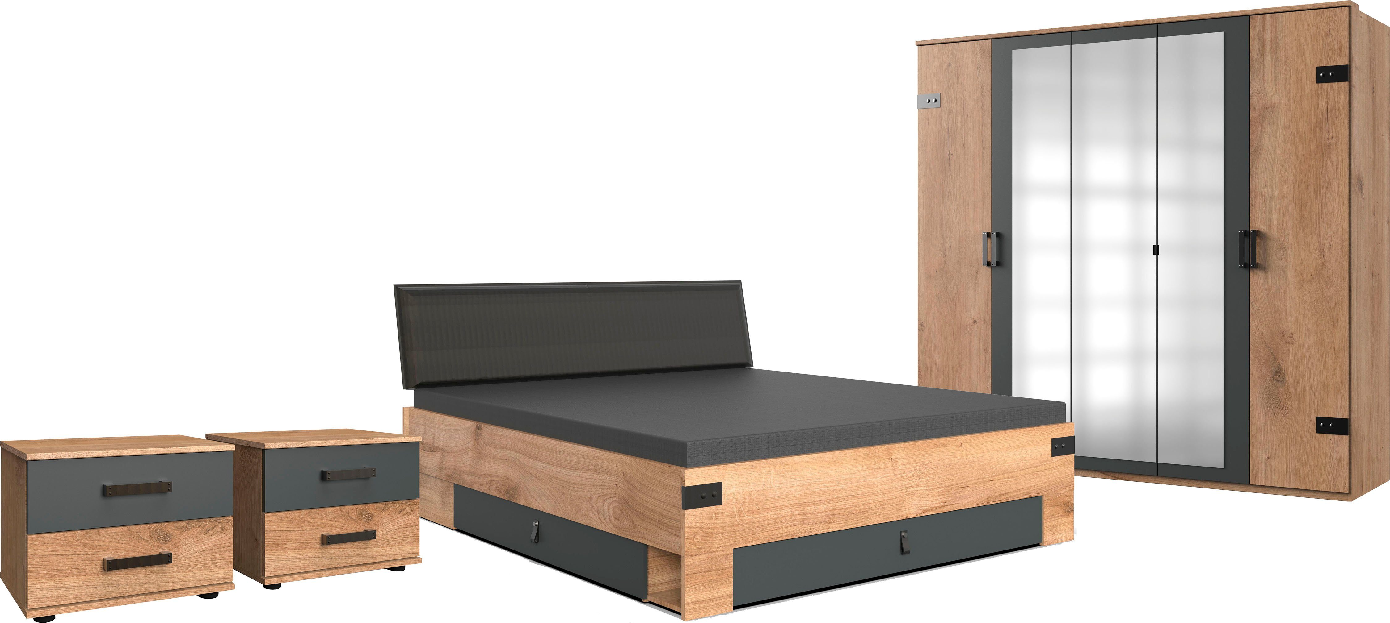 Wimex Schlafzimmer-Set Stockholm, rustikaler Look im Industrial Design, (Set), 6-teilig, Kleiderschrank mit Spiegel, Bett inklusive …
