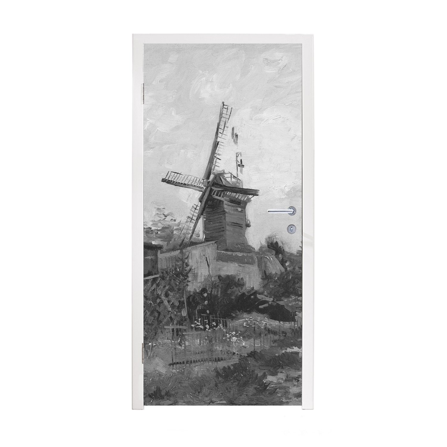 Schwarz weiß, 75x205 Galette Matt, Fototapete bedruckt, la cm Vincent Türaufkleber, Türtapete St), Moulin van de MuchoWow für Tür, (1 Gogh - - und