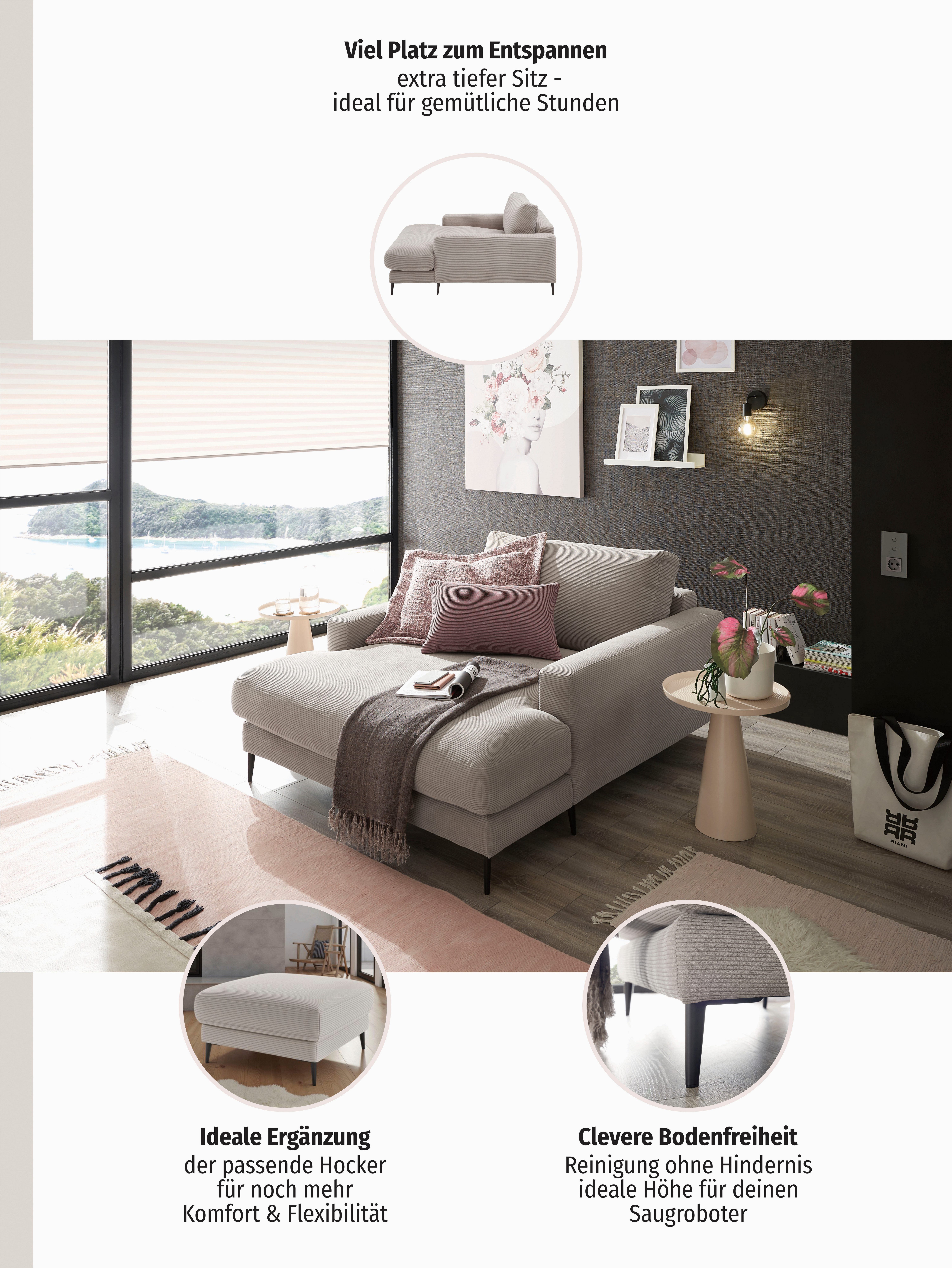 Home affaire Chaiselongue Downtown Loungemöbel zum Relaxen, B/T/H: 132/170/84 cm, auch in Bouclé, Cord und Easy care - leicht mir Wasser zu reinigen