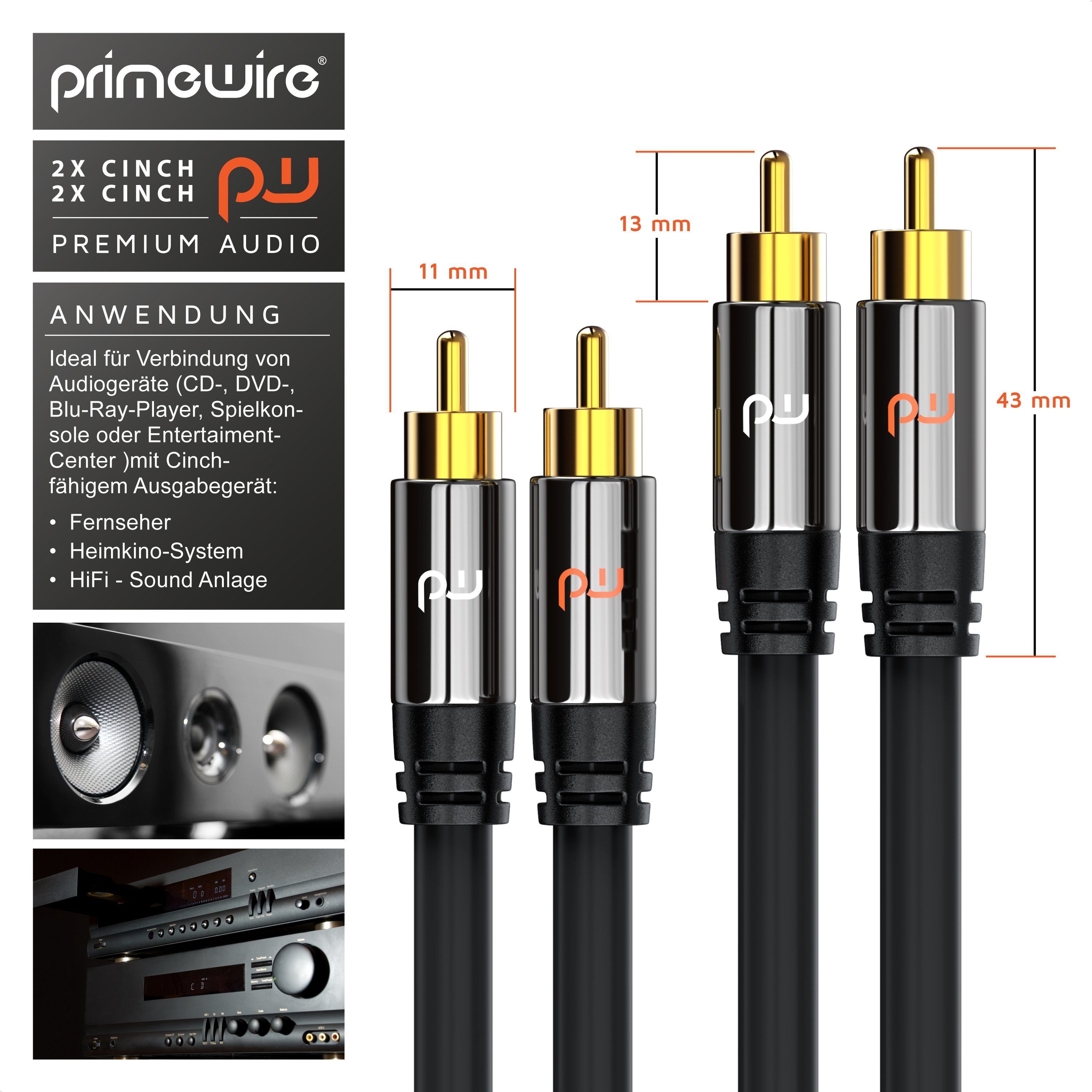 Primewire 2 x Cinch zu 2 x Cinch, AUX Eingänge, Metall Stecker vergoldet Audio-Kabel, Cinch, RCA (50 cm), Stereo-Cinch HiFi Audiokabel mehrfach geschirmt - 0,5m