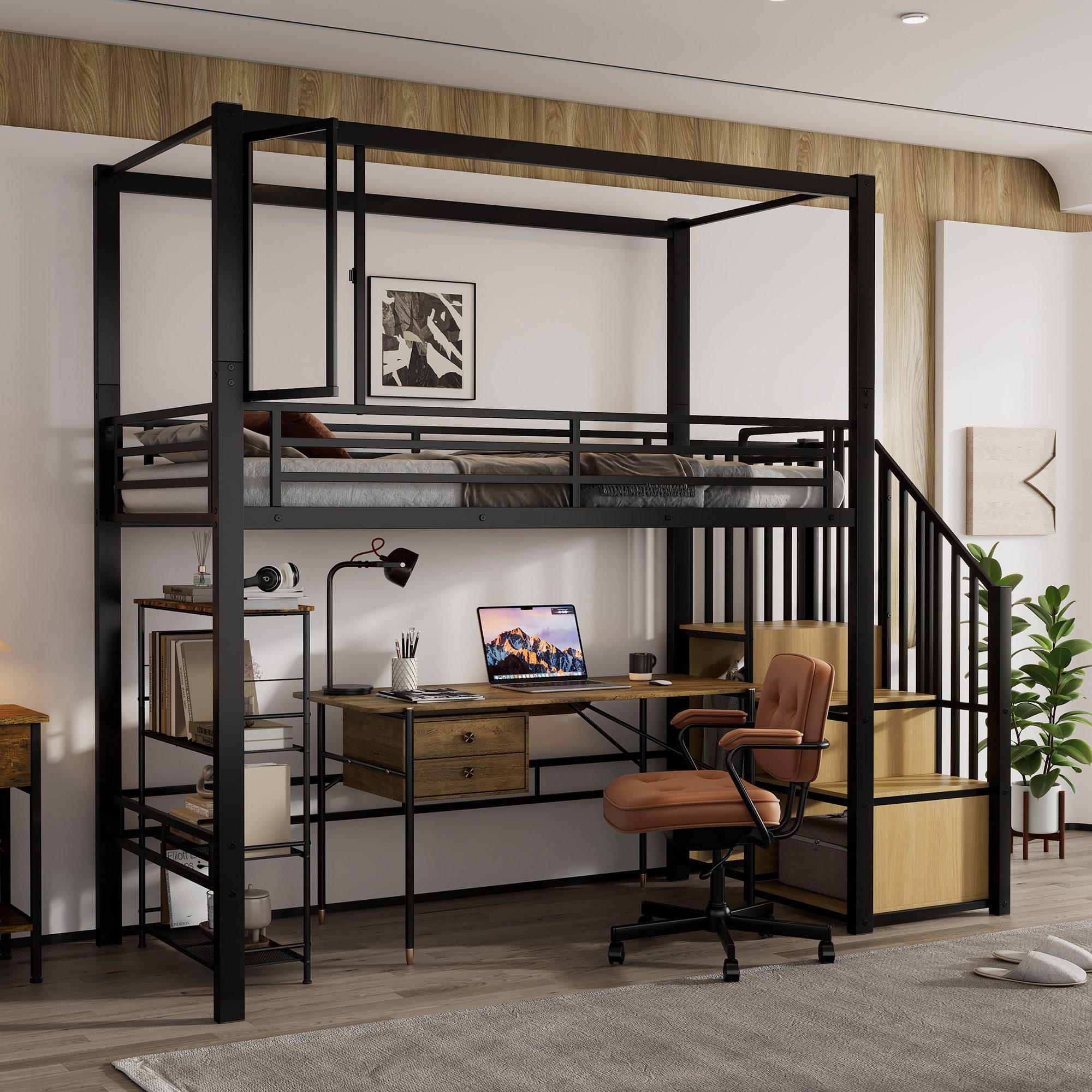 Merax Hochbett mit Fenster mit Magnet (1-St., Einzelbett Jugendbett Eisenbe günstig online kaufen