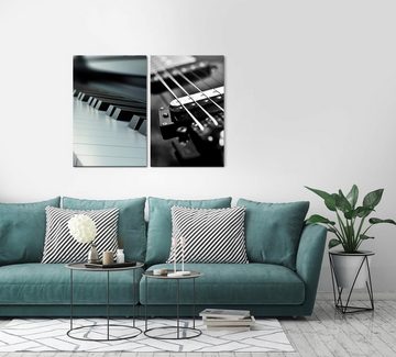 Sinus Art Leinwandbild 2 Bilder je 60x90cm Schwarz Weiß Piano Klaviertasten Gitarre Gitarrensaiten Musik