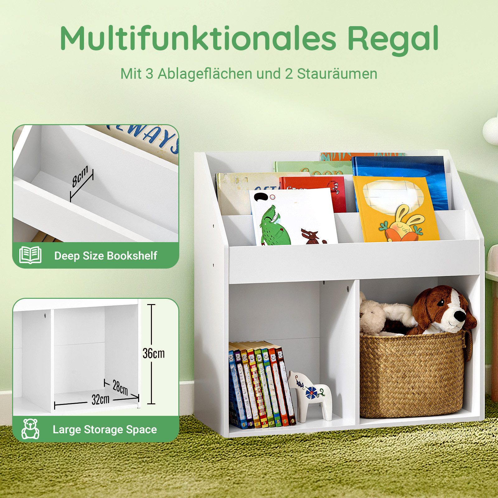 SoBuy Bücherregal KMB01, Spielzeugregal Spielzeugtruhe Standregal Montessori Regal, Kinderregal mit 3 Ablagefächern und 2 offenen Fächern Bücherregal