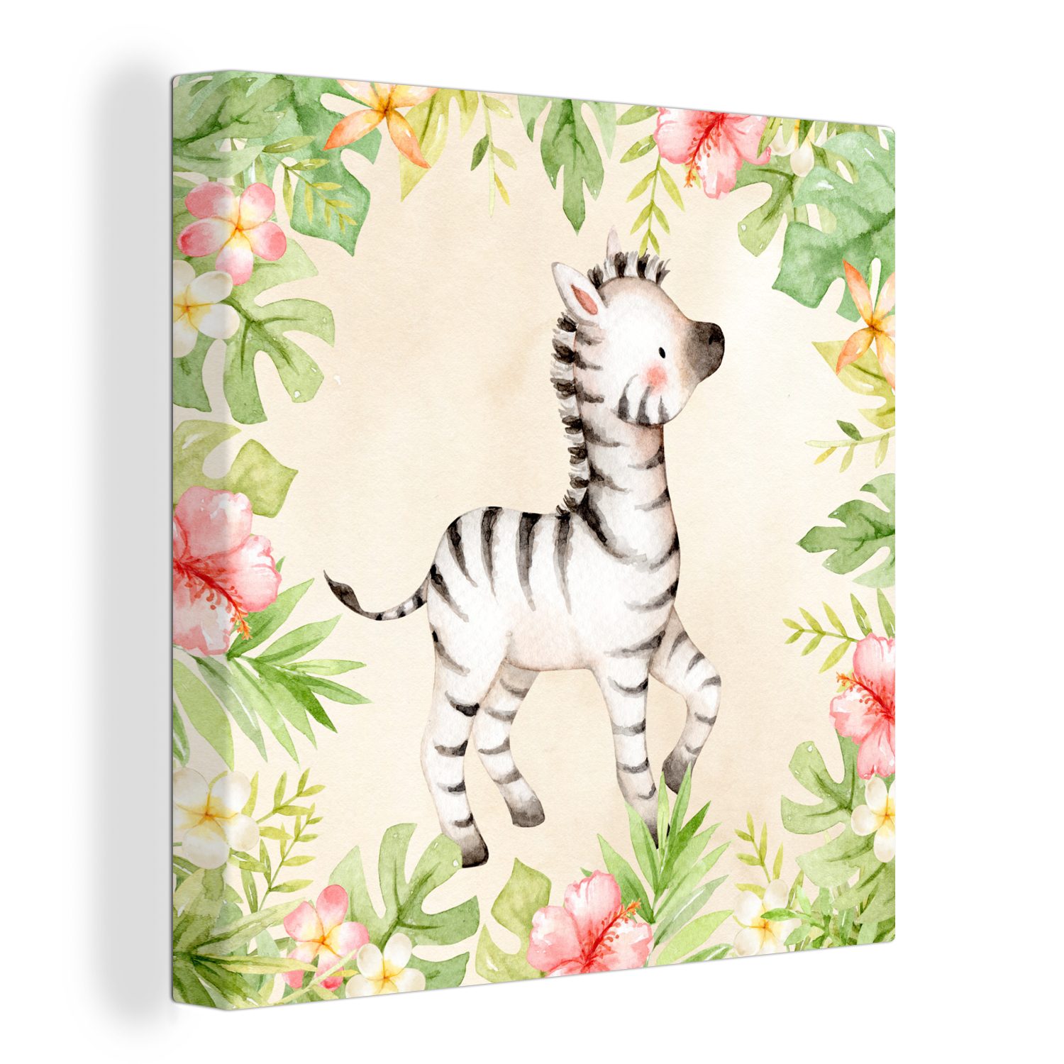 OneMillionCanvasses® Leinwandbild Dschungel - Zebra - Aquarellfarbe, (1 St), Leinwand Bilder für Wohnzimmer Schlafzimmer