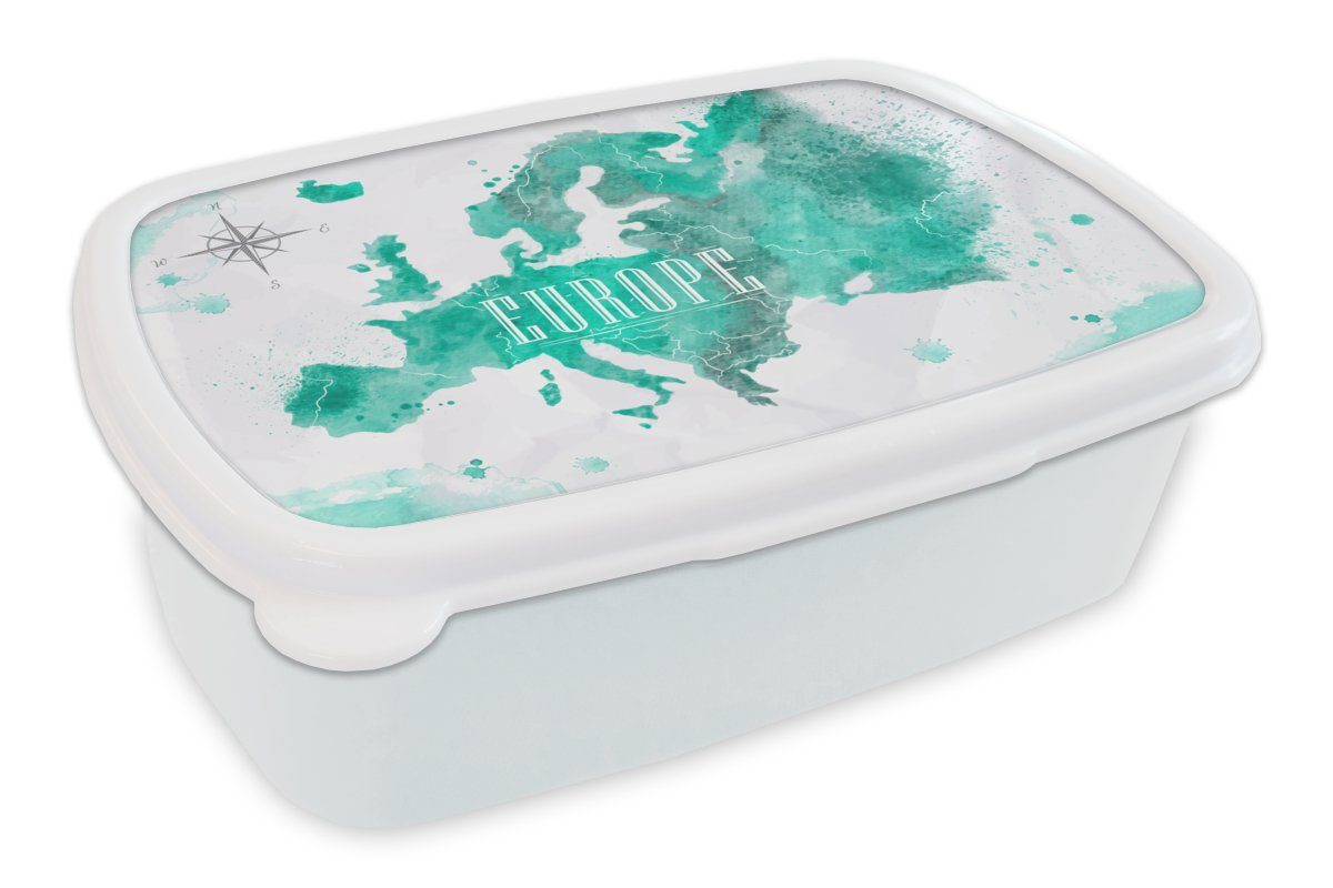 MuchoWow Lunchbox Aquarell - Weltkarte - Europa, Kunststoff, (2-tlg), Brotbox für Kinder und Erwachsene, Brotdose, für Jungs und Mädchen weiß