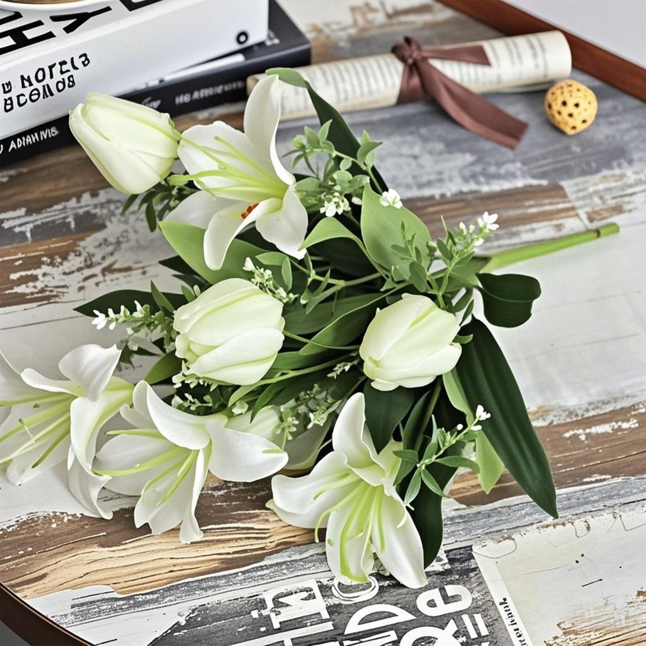 Kunstblumenstrauß Künstliche Dauerblumen Imitation Blumen Artifical Flowers Tulpen & Lilien &Eukalyptusblätter, Luckice, Artificial Dried fall flowers Thanksgiv – Bild 3 von 5