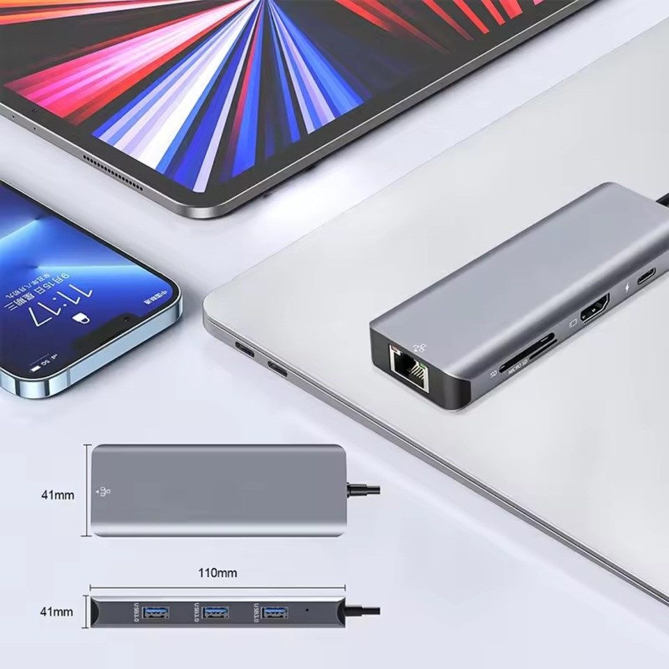 Montegoni 8-in-1 Type-C zu 4K HDMI Hub Adapter, 3x USB3.0, 1xRJ45 Computer-Adapter, 3x USB 3.0, SD- und TF-Kartenleser, Gigabit Ethernet RJ45-Port