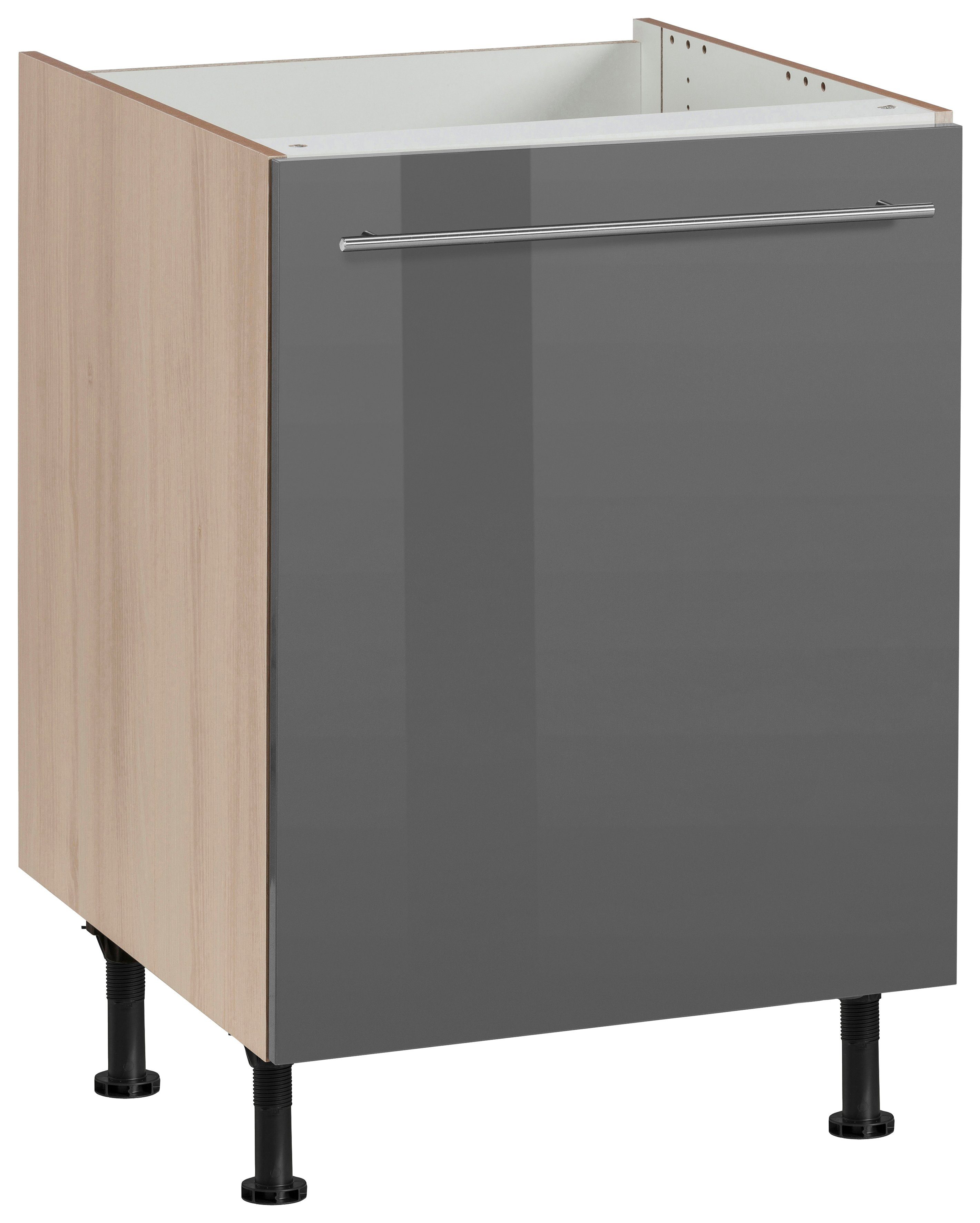 OPTIFIT Spülenschrank Bern 60 cm breit, mit 1 Tür, mit höhenverstellbaren Füßen, mit Metallgriff grau Hochglanz/akaziefarben | akaziefarben