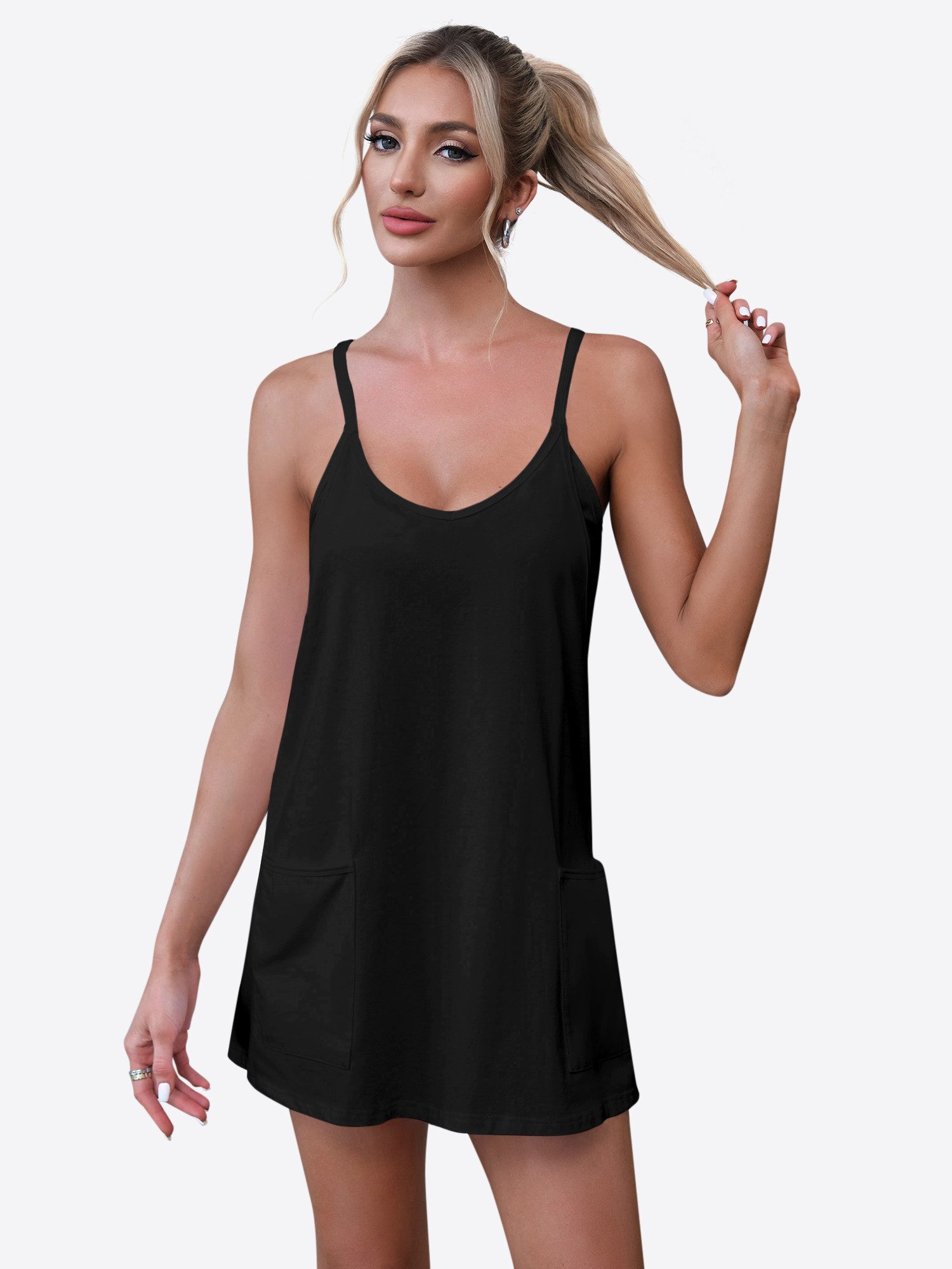 Imily Bela Trägerkleid Damen mit Rundhals Casual Freizeitkleid (Packung, 1-tlg., 1per-Pack) mit Eingrifftaschen in Unifarbe