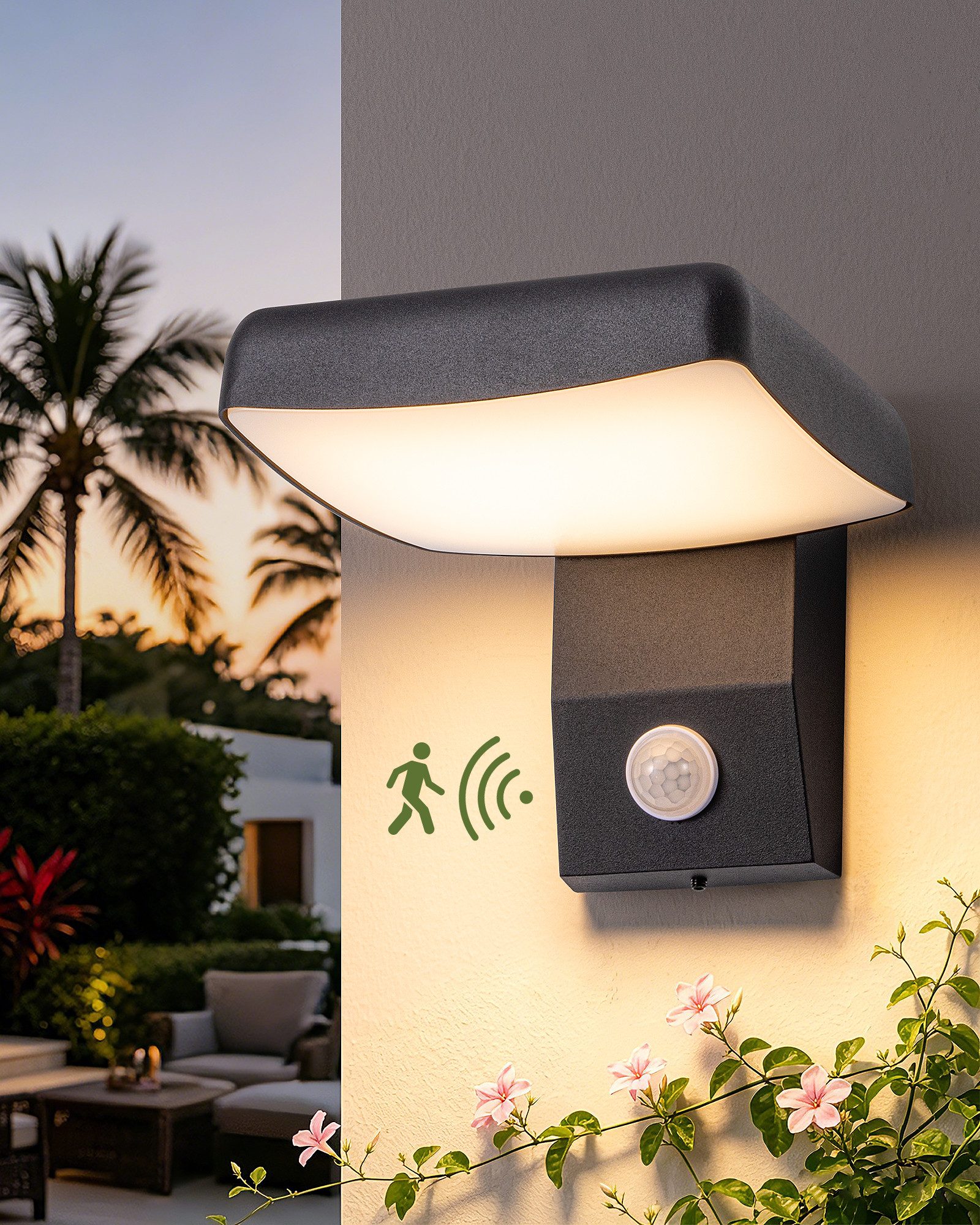 EDISHINE LED Außen-Wandleuchte mit Bewegungsmelder, LED fest integriert, 350° drehbar, 3000K, für Haustür, Garten, Terrasse und Garage
