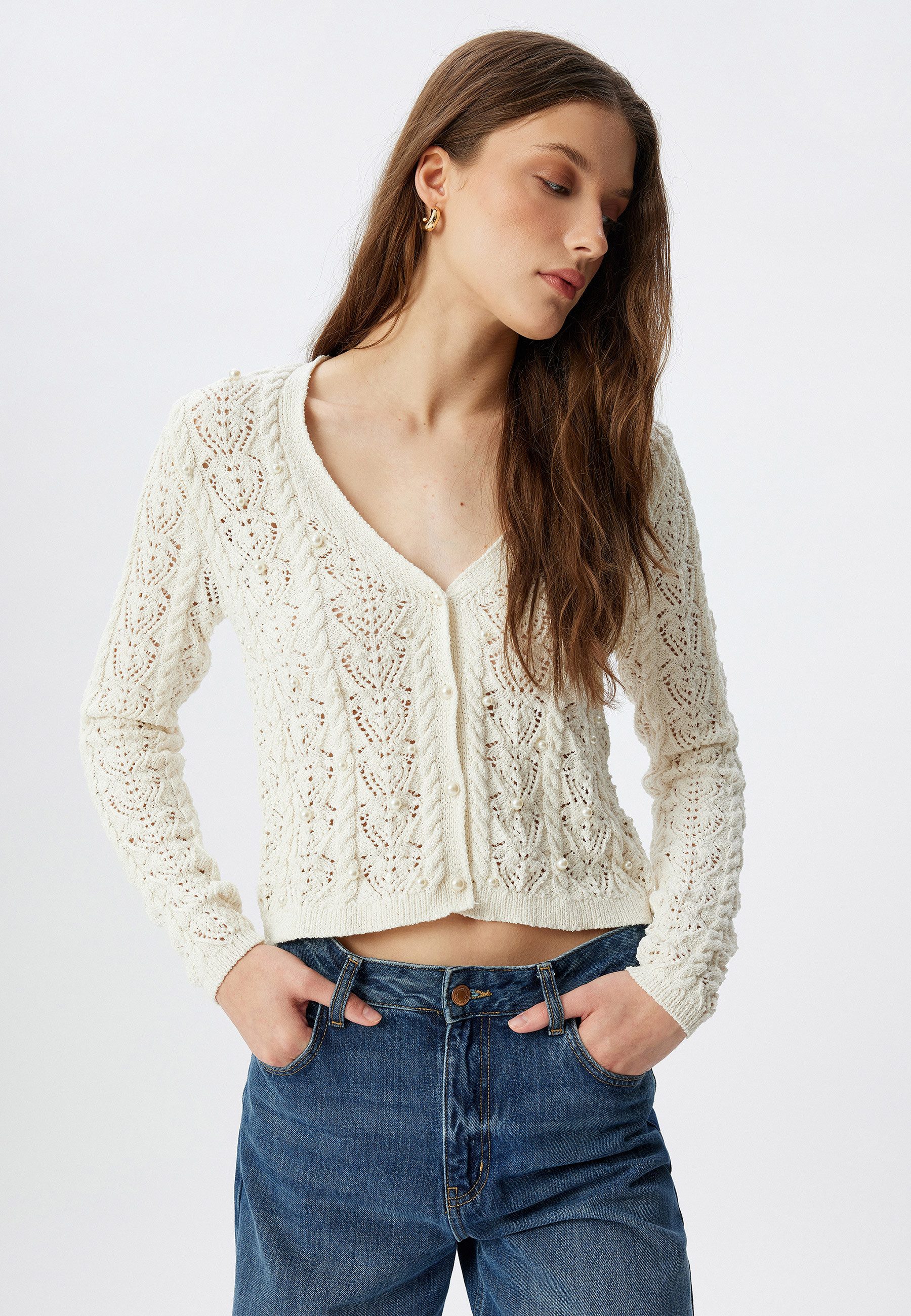 Cardigan V-Kragen Mit Perlen