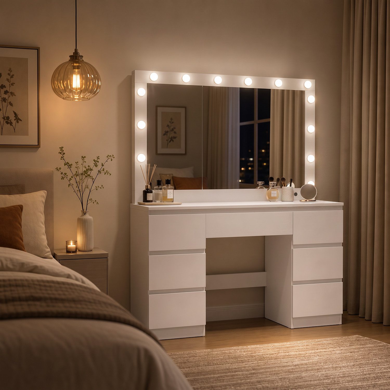 HOMALL Schminktisch mit großem Spiegel, 120 cm, 7 Schubladen, Schmuckschrank (XXL-Spiegel 106×51 cm (30×51 aufklappbar m. Schmuckschrank) · 120 cm · 7 Schubladen · LED-Birne · 2 Steckdosen+USB/Type-C · E1-MDF · 2 Farben · Hocker opt)