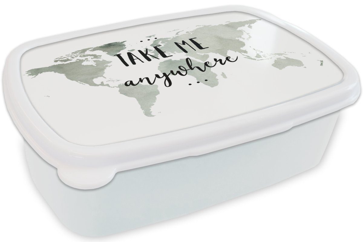 MuchoWow Lunchbox Weltkarte Kunststoff, Mädchen Zitat (2-tlg), Take - Erwachsene, Anywhere, und und - Brotbox Me Brotdose, für Jungs für weiß Kinder
