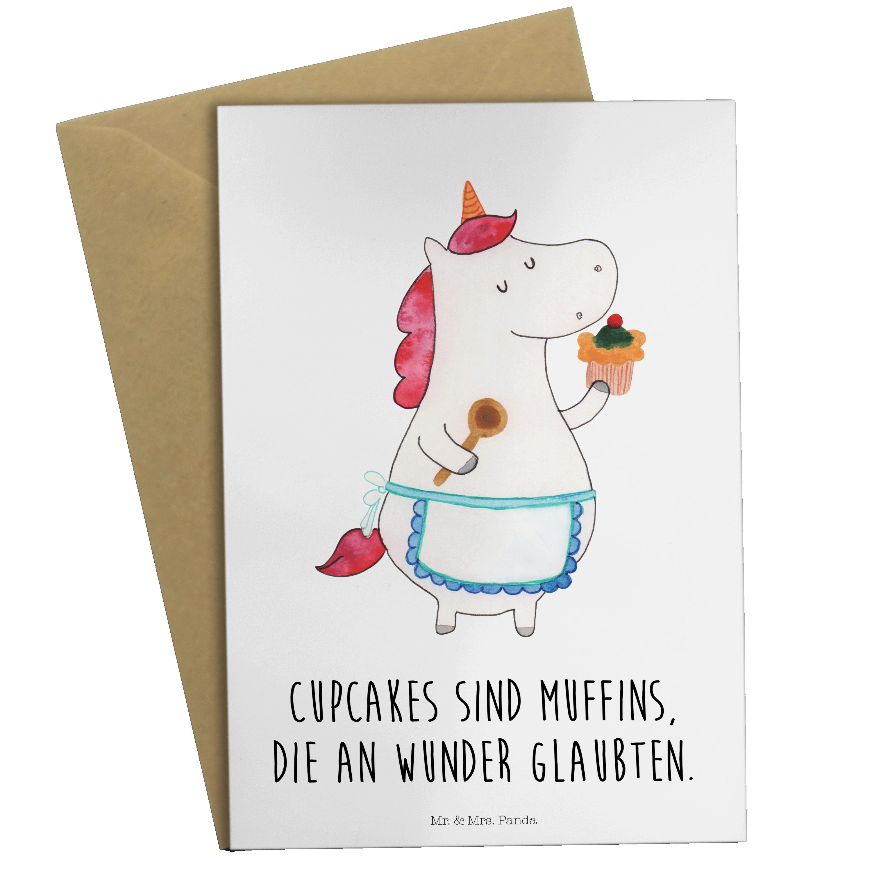 Mr. & Mrs. Panda Grußkarte Einhorn Küchenfee - Weiß - Geschenk, Hochzeitskarte, Torte, Glückwuns