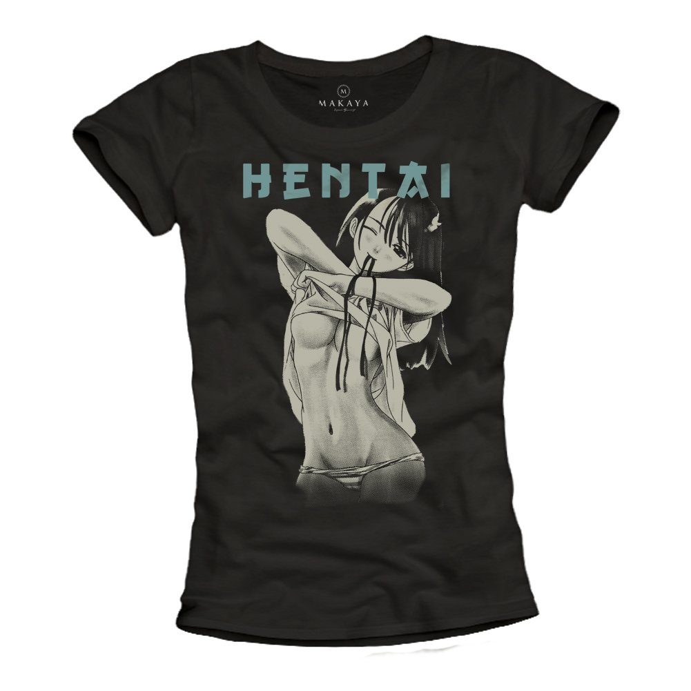Print-Shirt Frauen Sexy Top Kurzarm Anime Motiv Damen Schwarz Manga Comic Cool