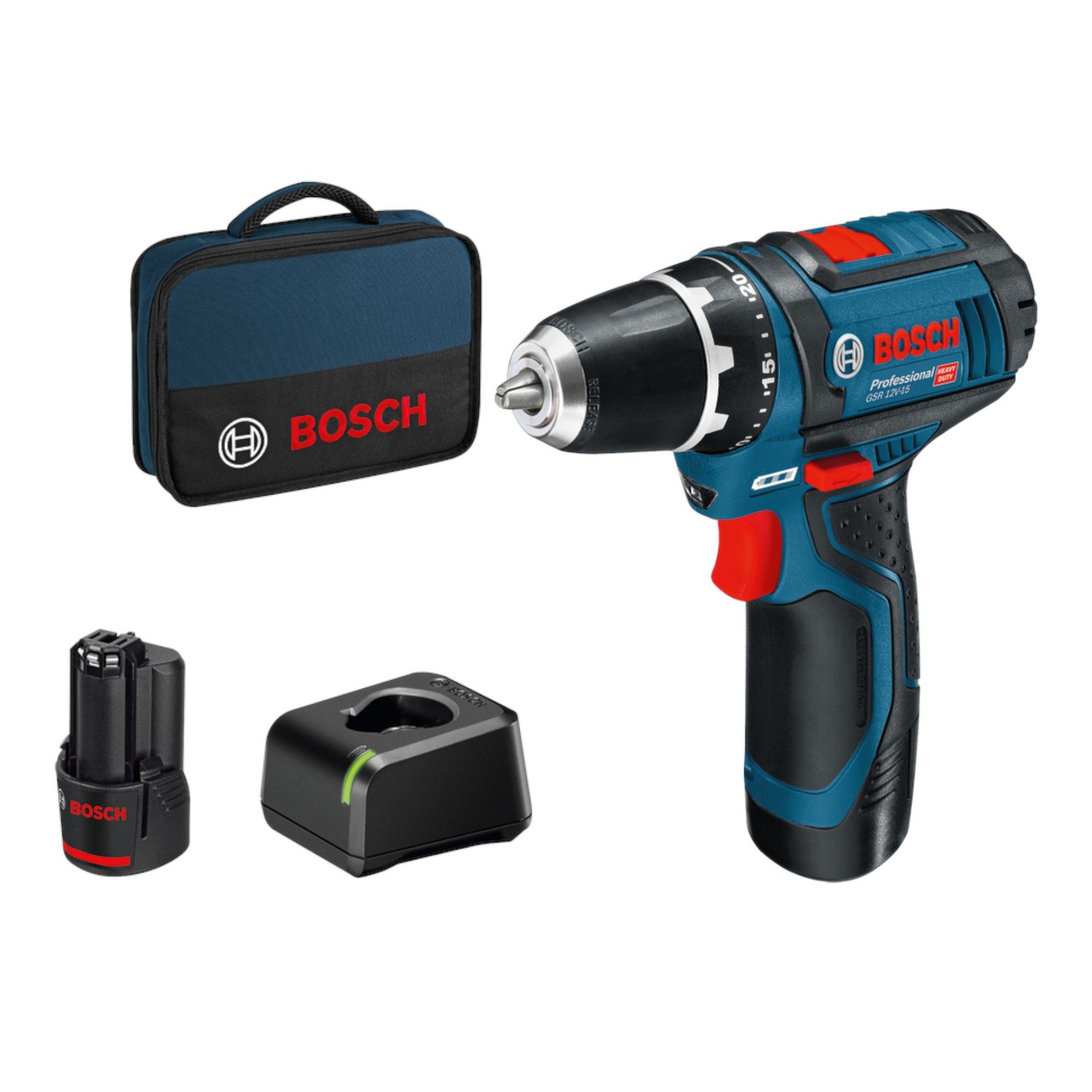Bosch Professional Akku-Schrauber GSR 12V-15 Professional 12V + 2x Akku 2,0Ah + Lade + Tasche 060186810F