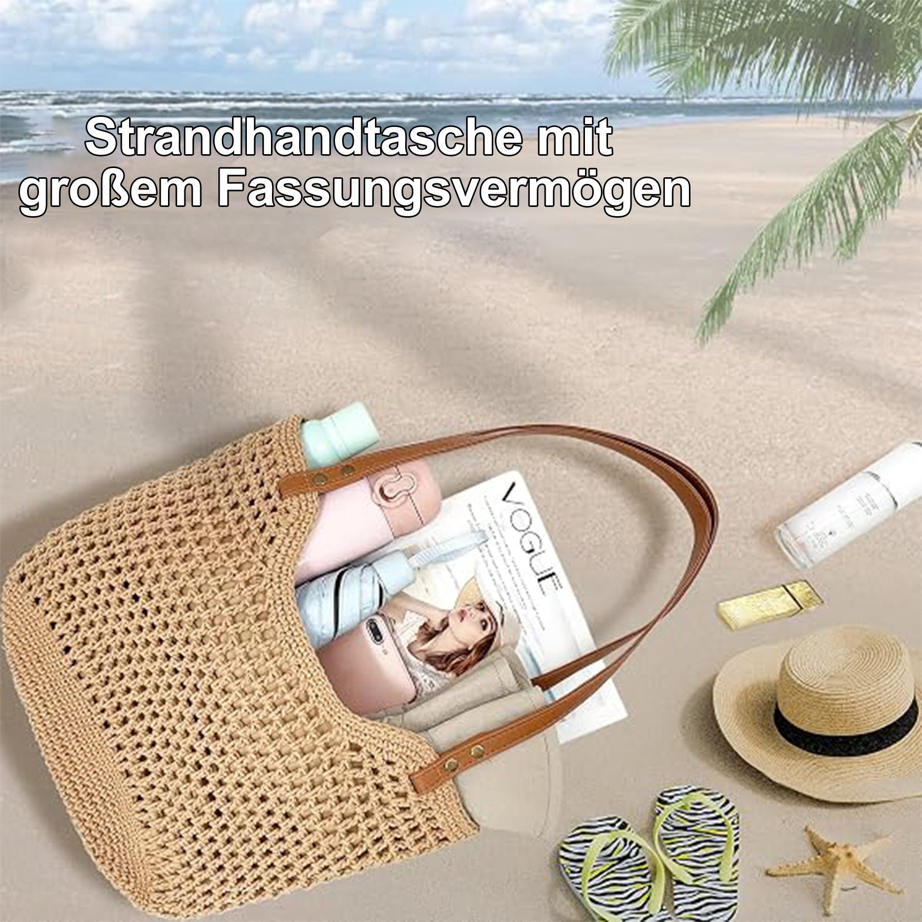 Keyura Strandtasche Sommer Strandtasche Damen Boho Häkeltasche Strand Mesh Tragetasche (Strohtasche Beach Handtasche Leicht Umhängetasche Vintage Sommertasche, Reisetaschen Tasche, faltbar Hobo Taschen, Einkaufstasche Lässige), für Reisen Einkaufen, Urlaub, Pendeln Strand Pool Fitnessstudio