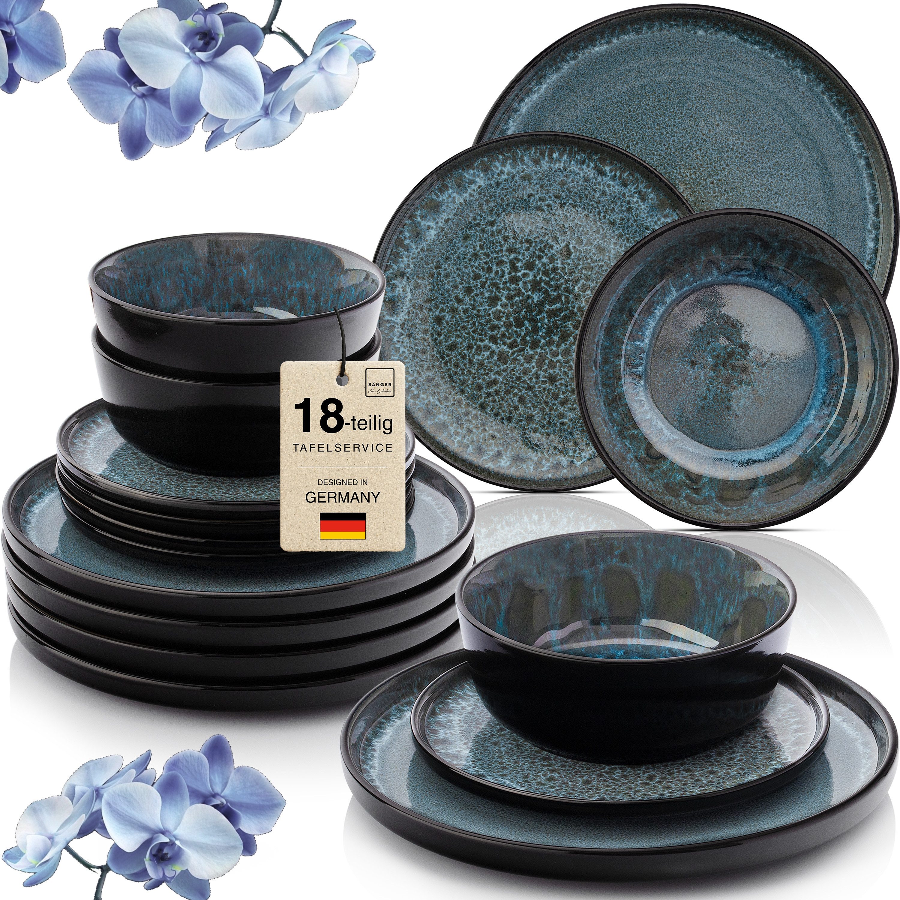 SÄNGER Tafelservice Manila Geschirrset (18-tlg), 6 Personen, Steingut, Blau-Schwarz, Handmade, Erweiterbar, VALUE COLLECTION