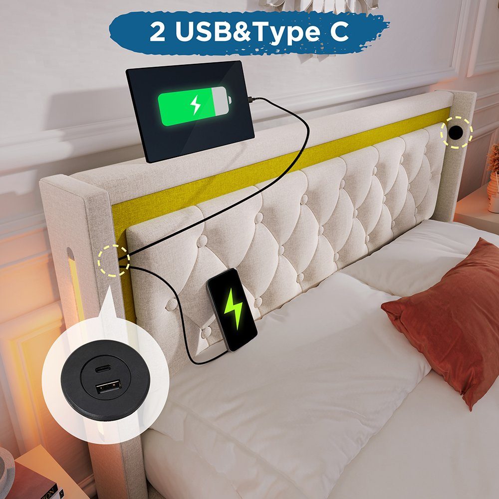Polsterbett (140x200cm Hydraulisches Doppelbett mit Lattenrost und LED-Beleuchtung), Stauraumbett mit USB Typ C Ladefunktion Kopfteil, Baumwolle-Leinen