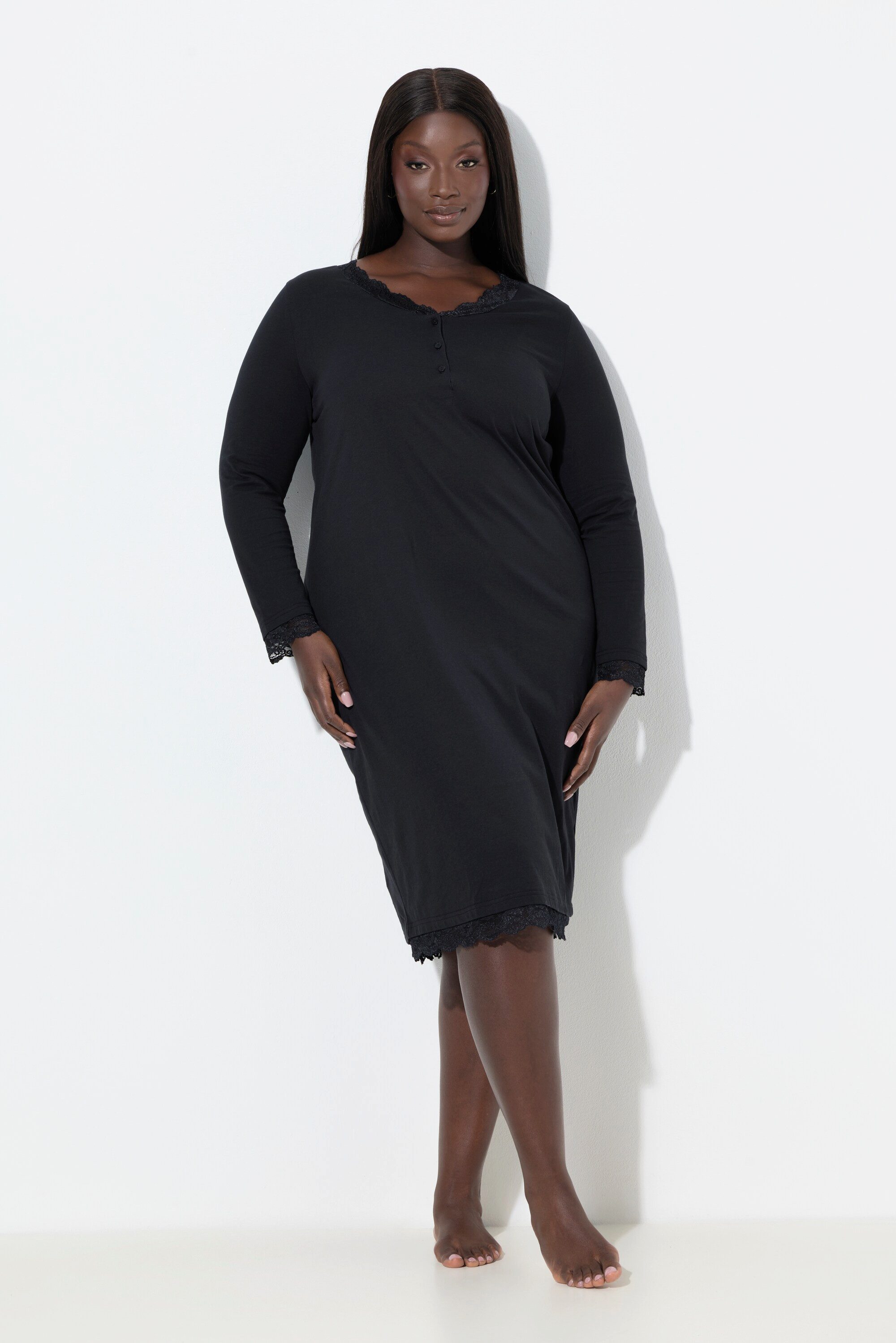 Ulla Popken Nachthemd Nachthemd Spitze V-Ausschnitt Langarm günstig online kaufen