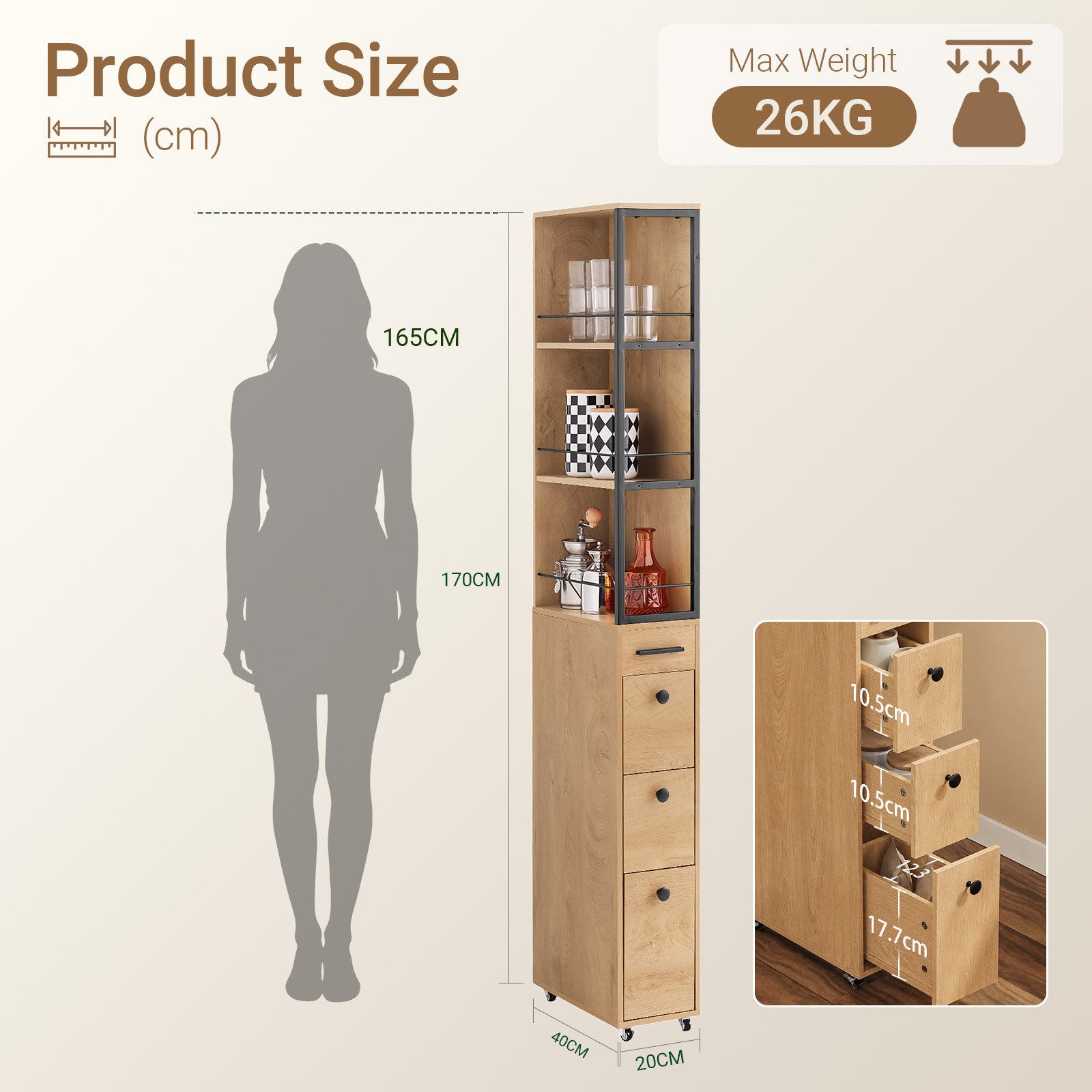 SoBuy Hochschrank NSR13, Küchenwagen, Badschrank, Nischenwagen schmal 20 cm, auf Rollen Apothekerschrank mit 3 Schubladen, 3 Ablagen für kleine Küchen, Bad – Bild 4 von 5
