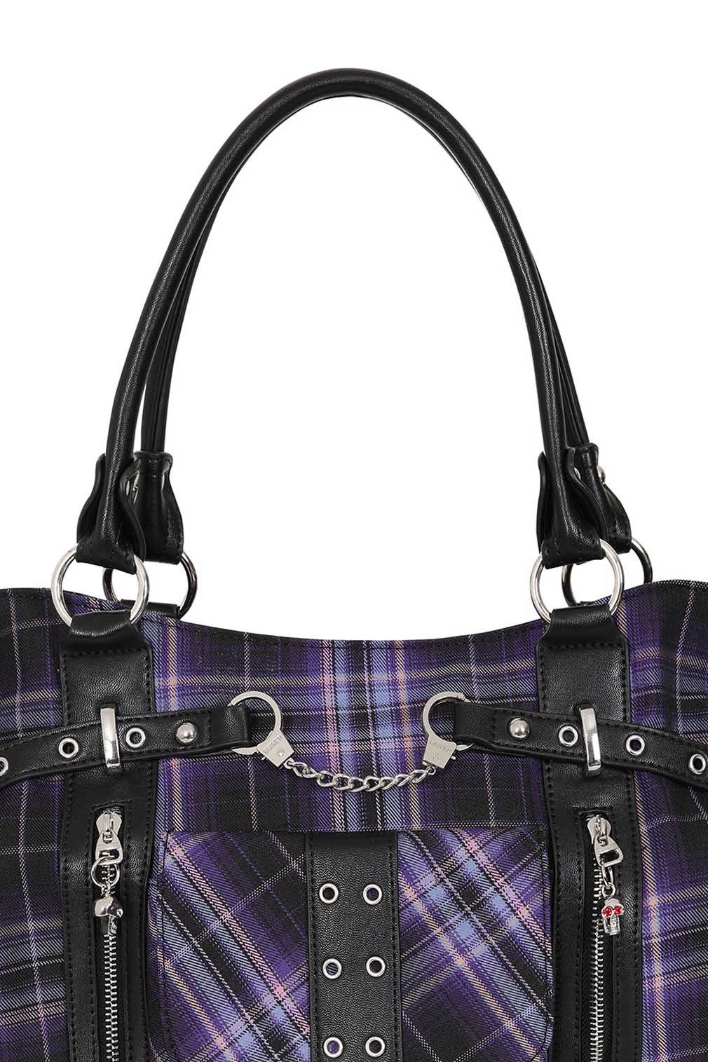 Banned Schultertasche Rise Up Violett, Tartan Handtasche Punk Nieten
