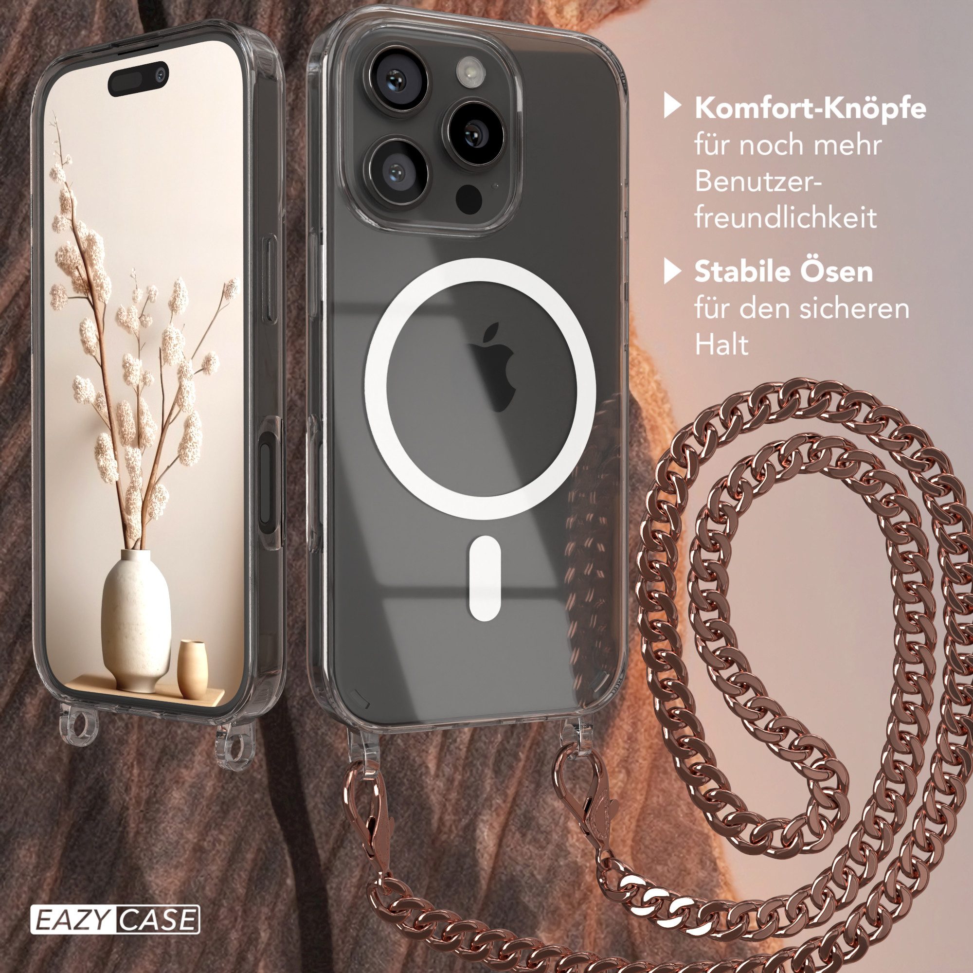 EAZY CASE Handykette 2in1 Metallkette MagSafe Hülle für iPhone 16 Pro 6,3 Zoll, Hülle mit Band Silikon Handytasche durchsichtig Chain Slimcover Rosé