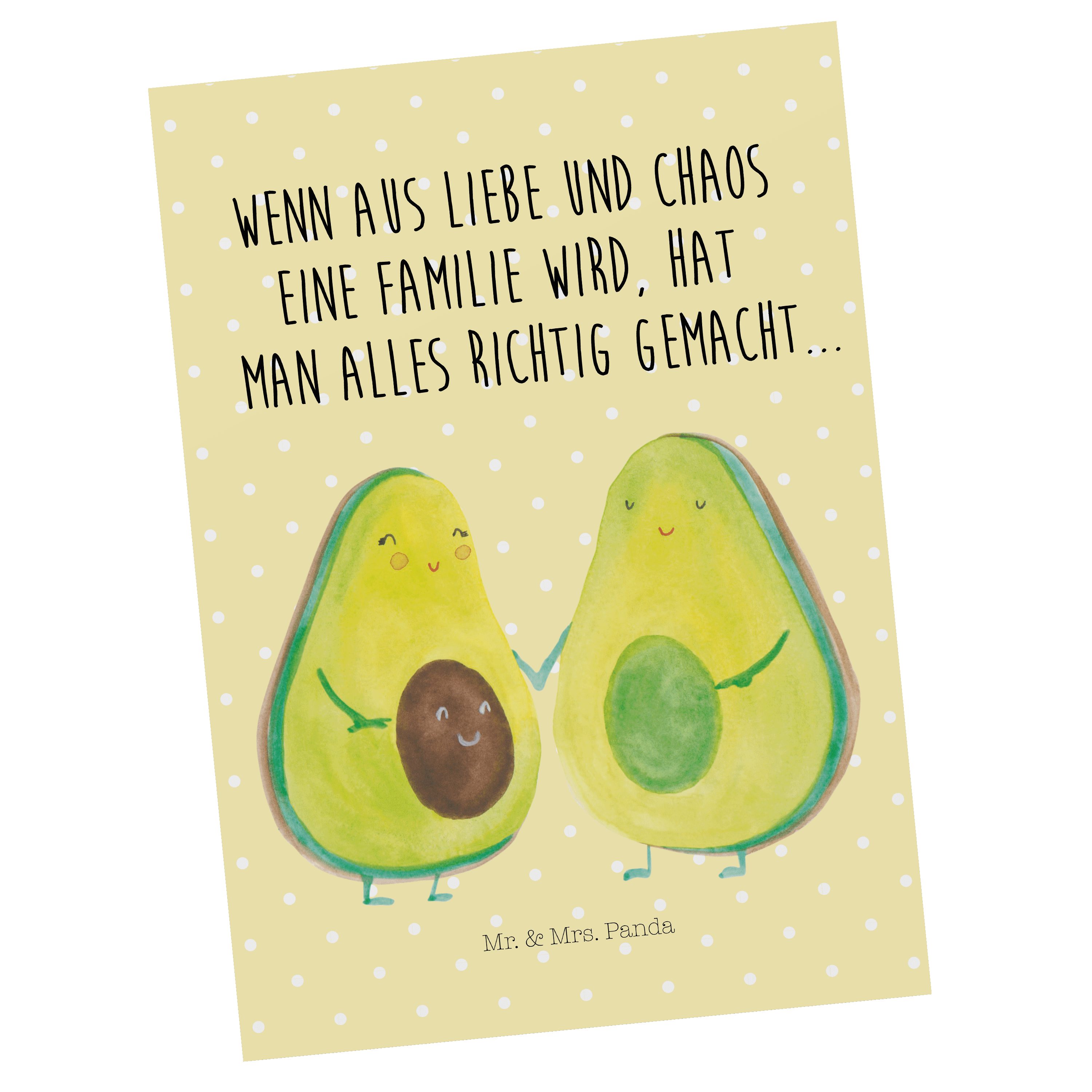 Mr. & Mrs. Panda Postkarte Avocado Pärchen - Gelb Pastell - Geschenk, Geburt, Liebe, Geschenkkar