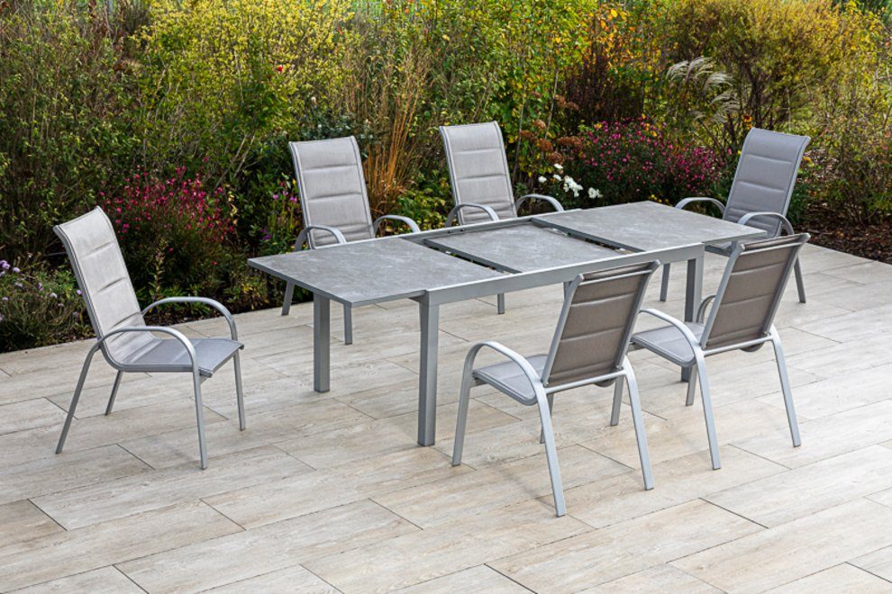 MERXX Garten-Essgruppe Amalfi di lusso, (7-tlg), 6 Stapelsessel mit ausziehbarem Tisch (180 - 250 cm)