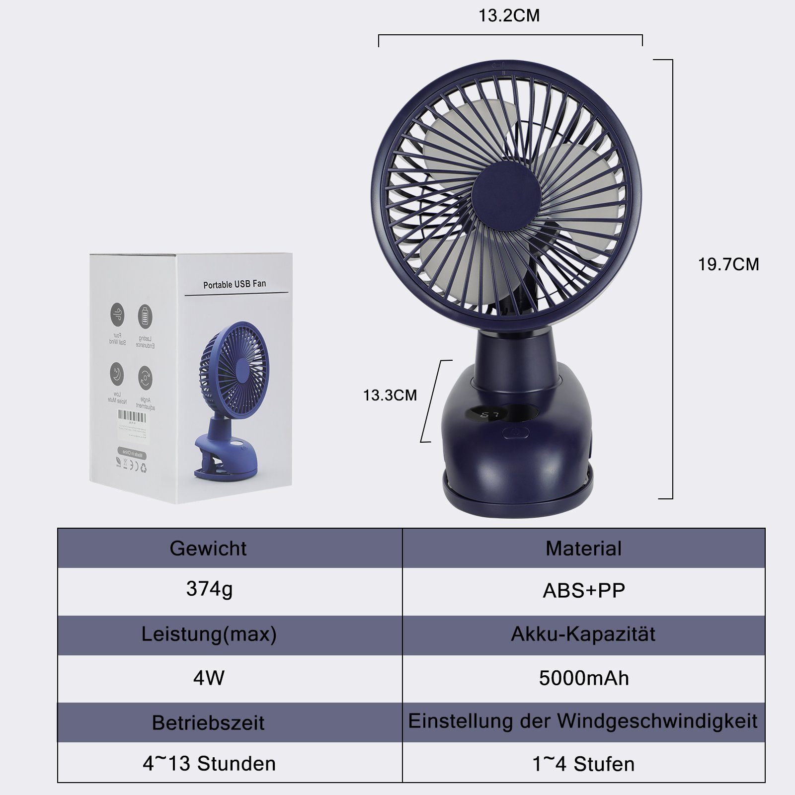 Tinte Geräuschniveau Fan 40dB geringes blau Geschwindigkeitsstufen Leise Clip Weiß, 5000mAh Mini USB-Ventilator 40dB Nettlife Akku 4