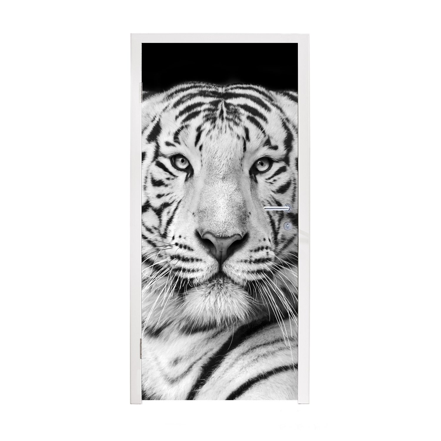 MuchoWow Türtapete Tiger - Schwarz - Weiß - Porträt - Tiere, Matt, bedruckt, (1 St), Fototapete für Tür, Türaufkleber, 75x205 cm