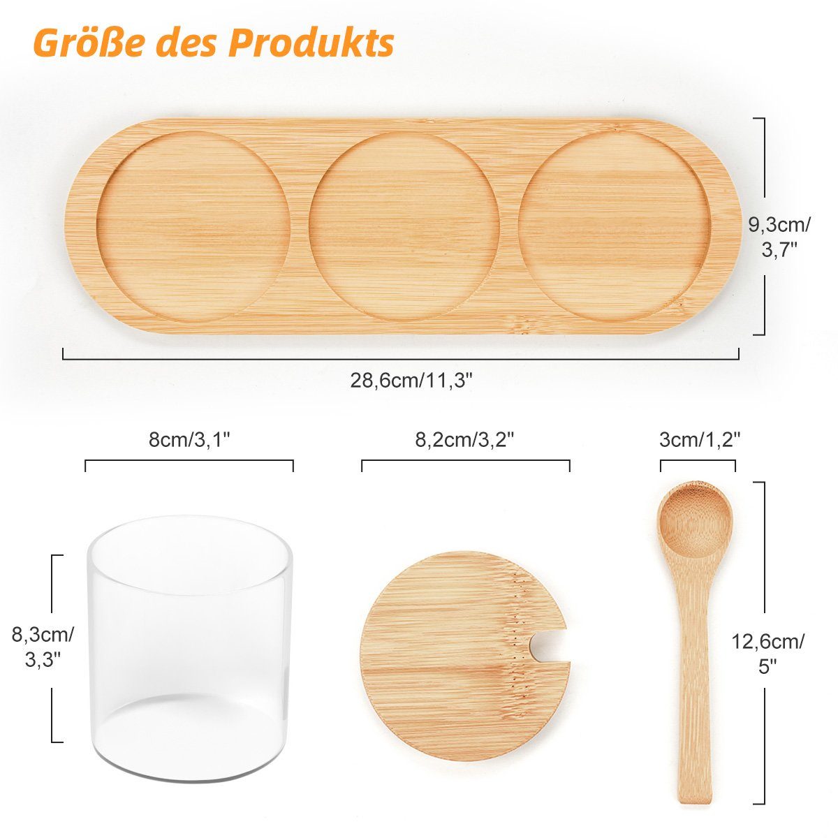 Bambusdeckel Gewürzbehälter mit 250ml/300ml Vorratsgläser 7Magic Holzlöffel 3er Vorratsglas, und Vorratsdosen, Set