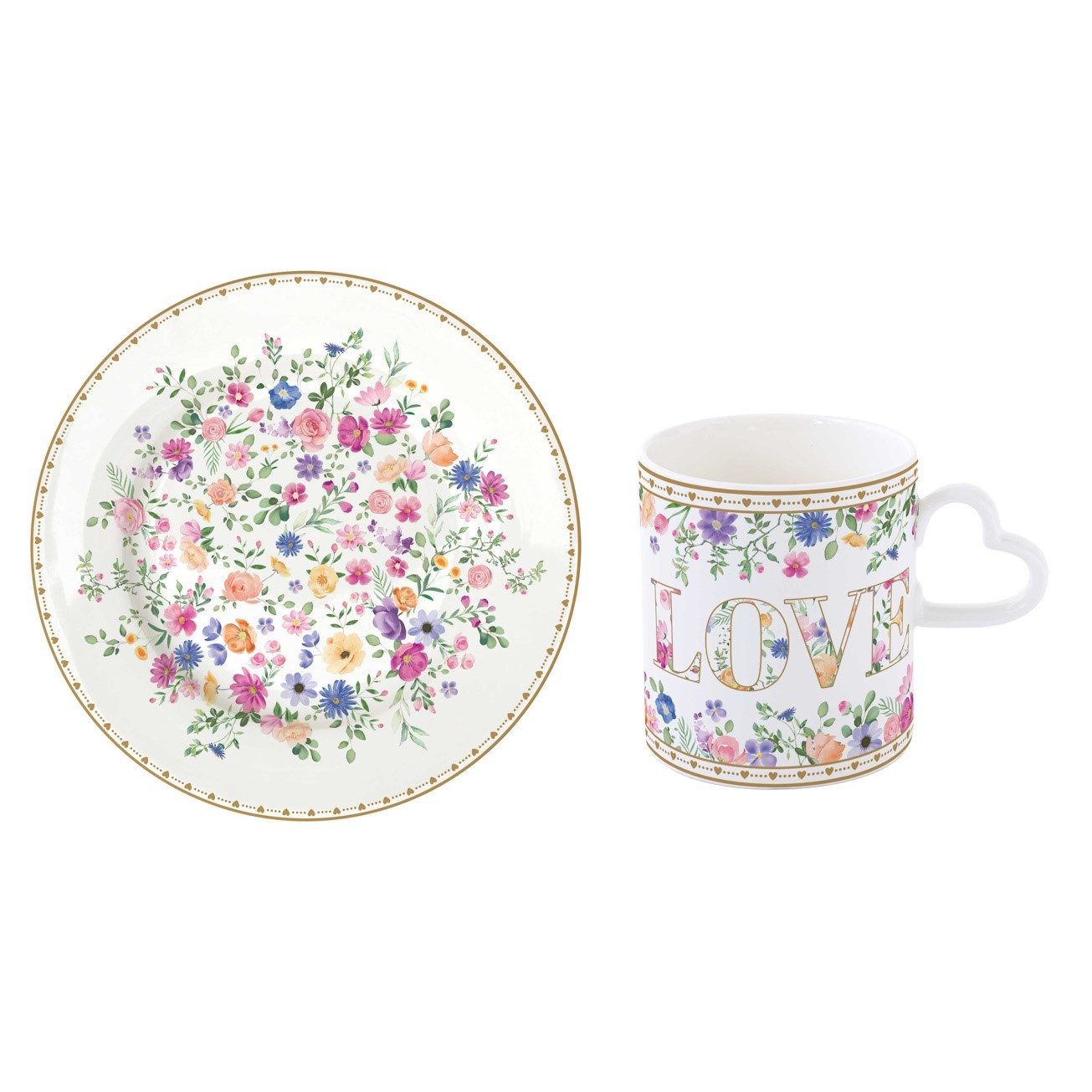 EasyLife Frühstücks-Geschirrset Mon Amour, Porzellan, Spülmaschinengeeignet, Mehrfarbig, Motiv: Herzen & Blumen
