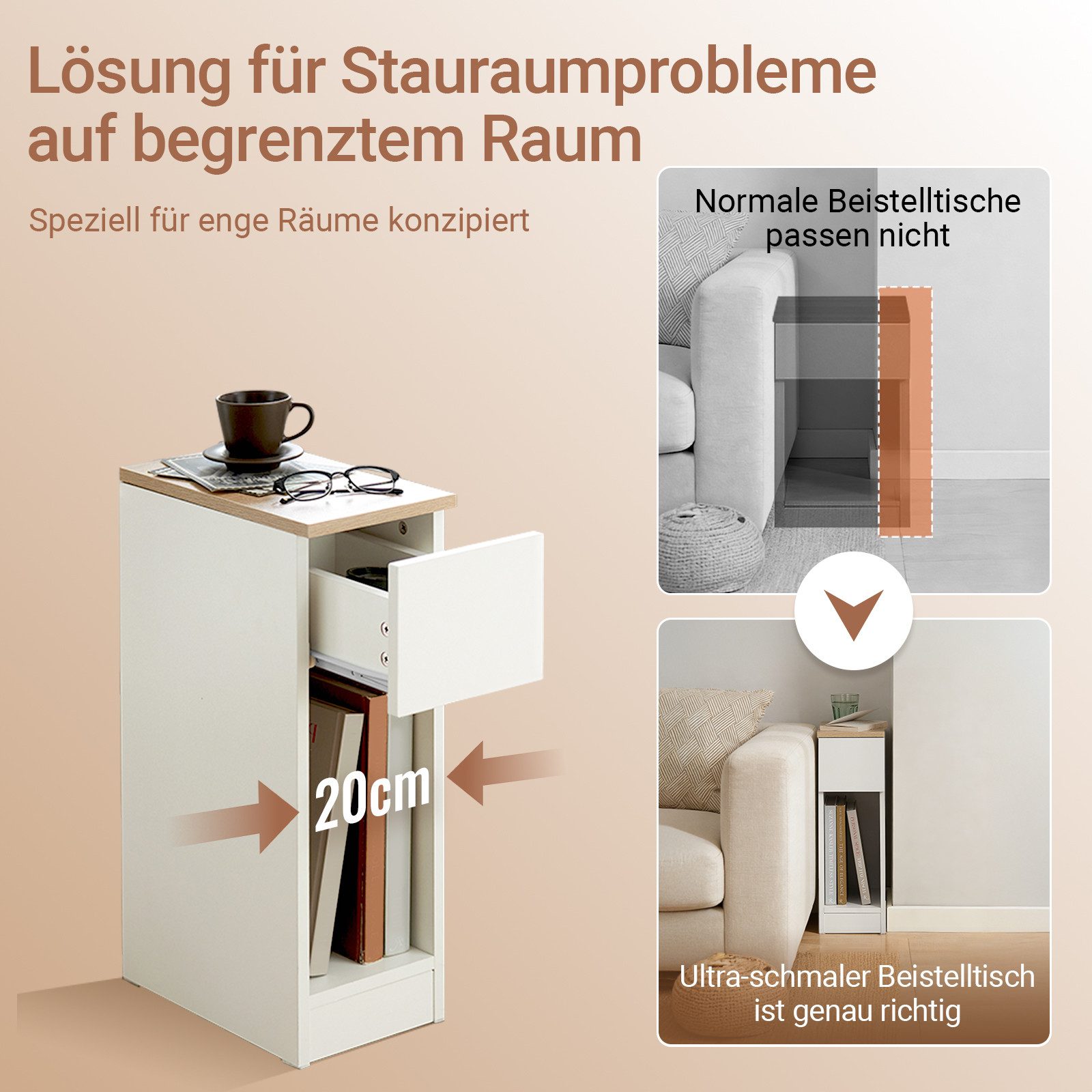 SoBuy Nachttisch FBT111, Beistelltisch mit Schublade und Ablage, Nightstand, 2er Set, Beistelltisch schmal, Nachtschrank Nachtkommode, offenes Fach