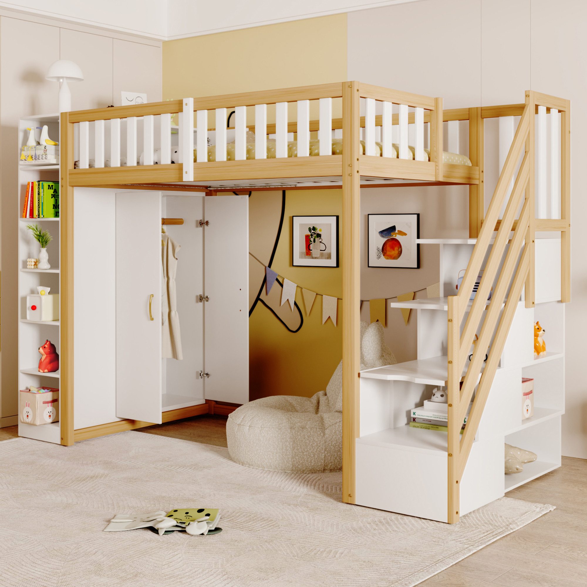 OKWISH Hochbett Kinderbett,Einzelbett,Stauraumbett,mit Stauraum, Regalen (90x200 cm mit Sicherheitsleiter, Stauraum und Kleiderschrank, 90x200cm) ohne Matratze