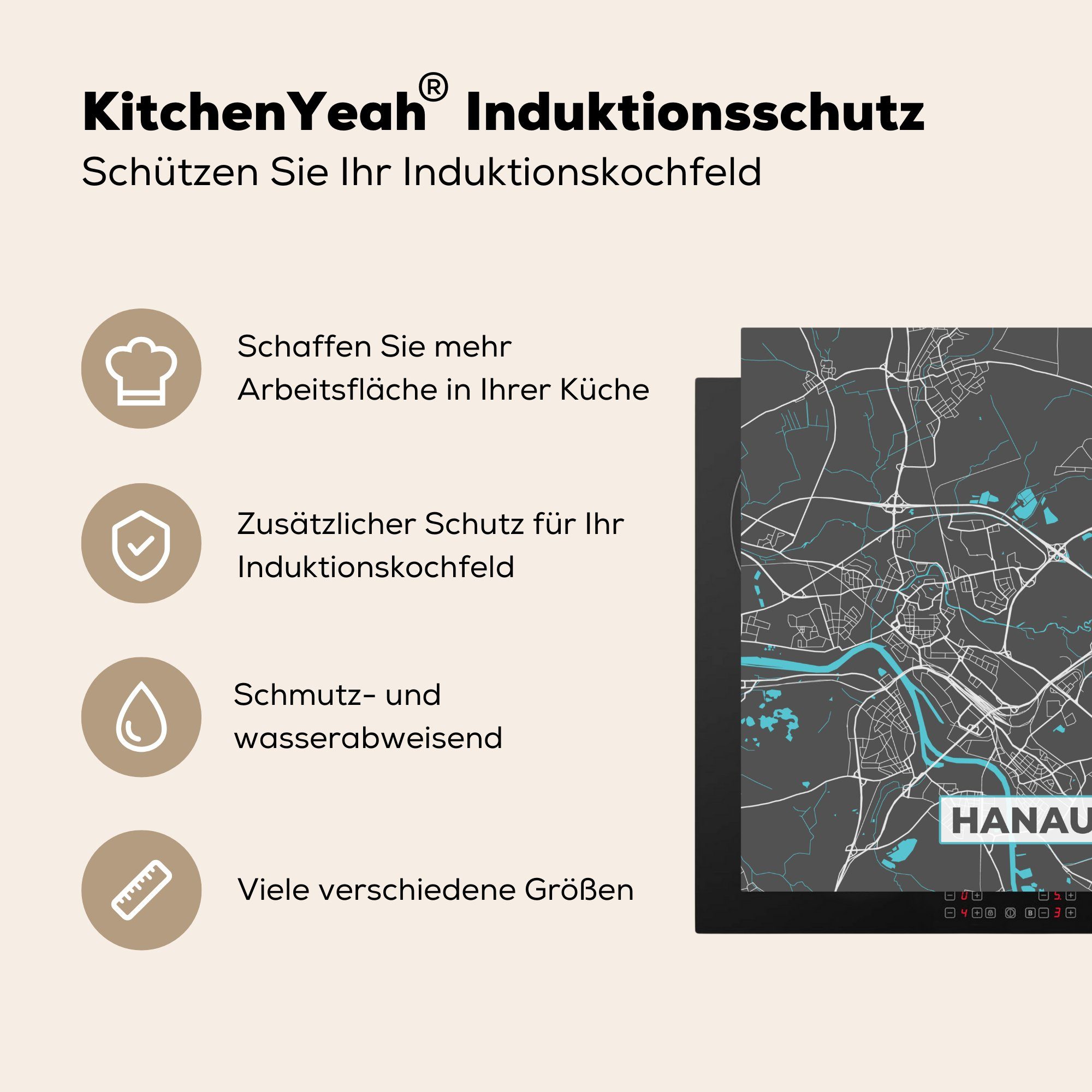 Vinyl, (1 Herdblende-/Abdeckplatte - - Stadtplan küche Karte Blau Deutschland - für MuchoWow Ceranfeldabdeckung, cm, tlg), Hanau, Arbeitsplatte - 78x78