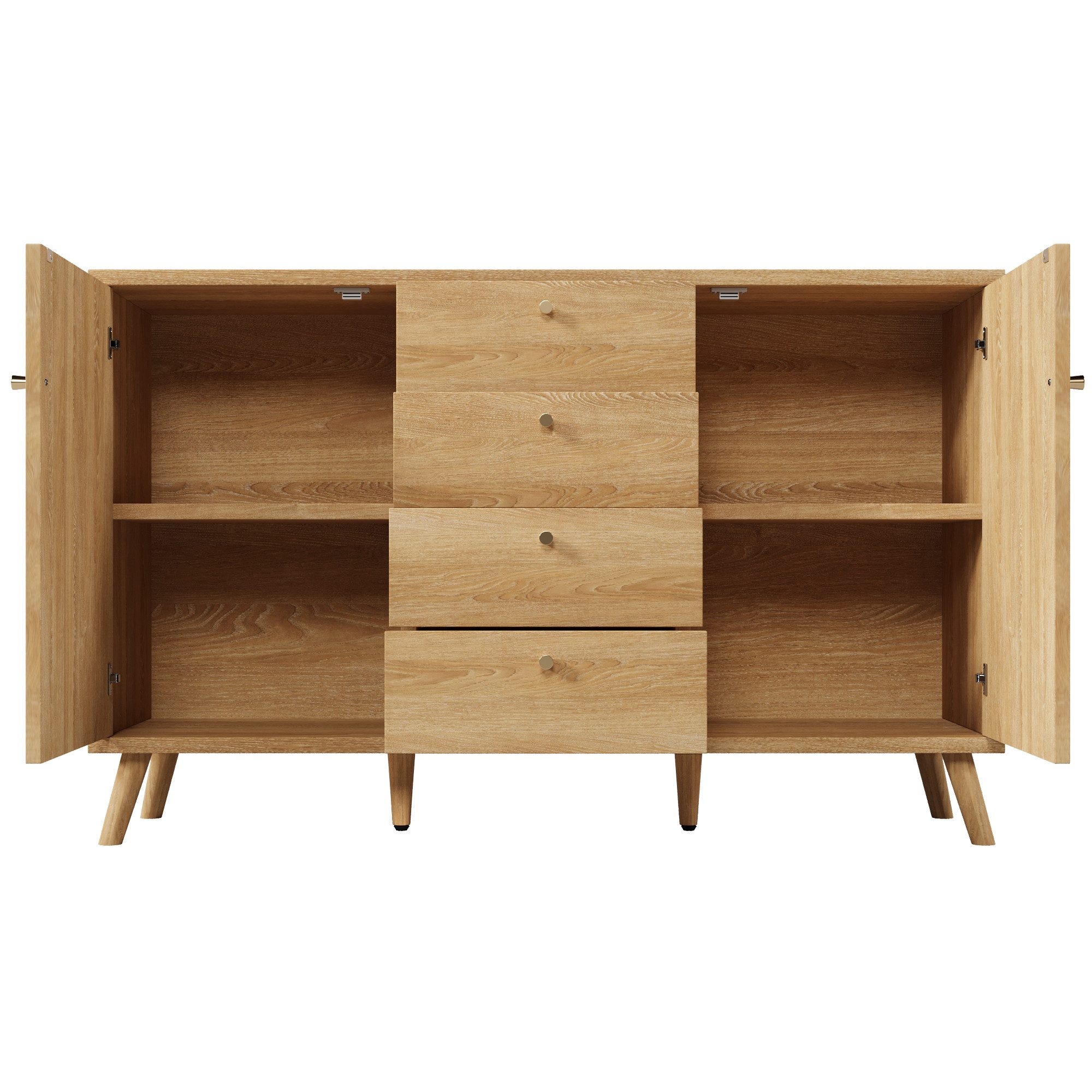 Flieks Kommode mit 4 Schubladen und 2 Rattan-Türen (1 St., 140x40x86 cm), Sideboard Mehrzweckschrank Holzschrank mit verstellbarer Ablagen – Bild 4 von 5
