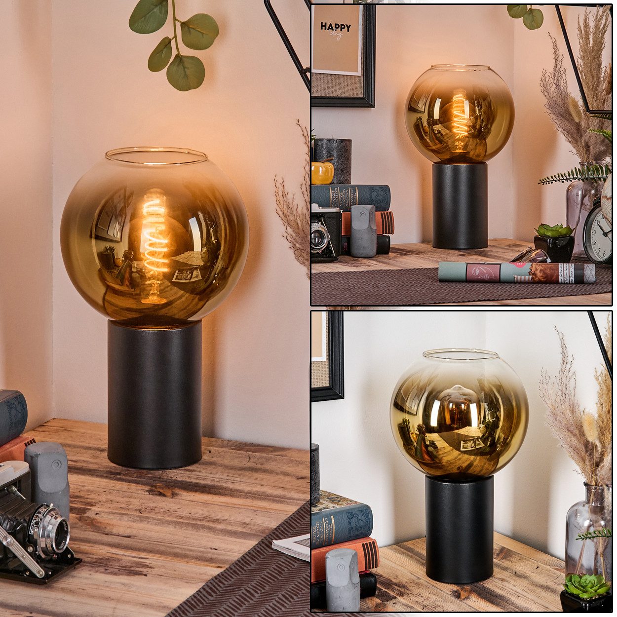 hofstein Tischleuchte Tischlampe aus Metall/Glas in Schwarz/Goldfarben/Klar, ohne Leuchtmittel, Leuchte im Retro/Vintage-Design mit Glasschirm (20 cm), 1 x E27